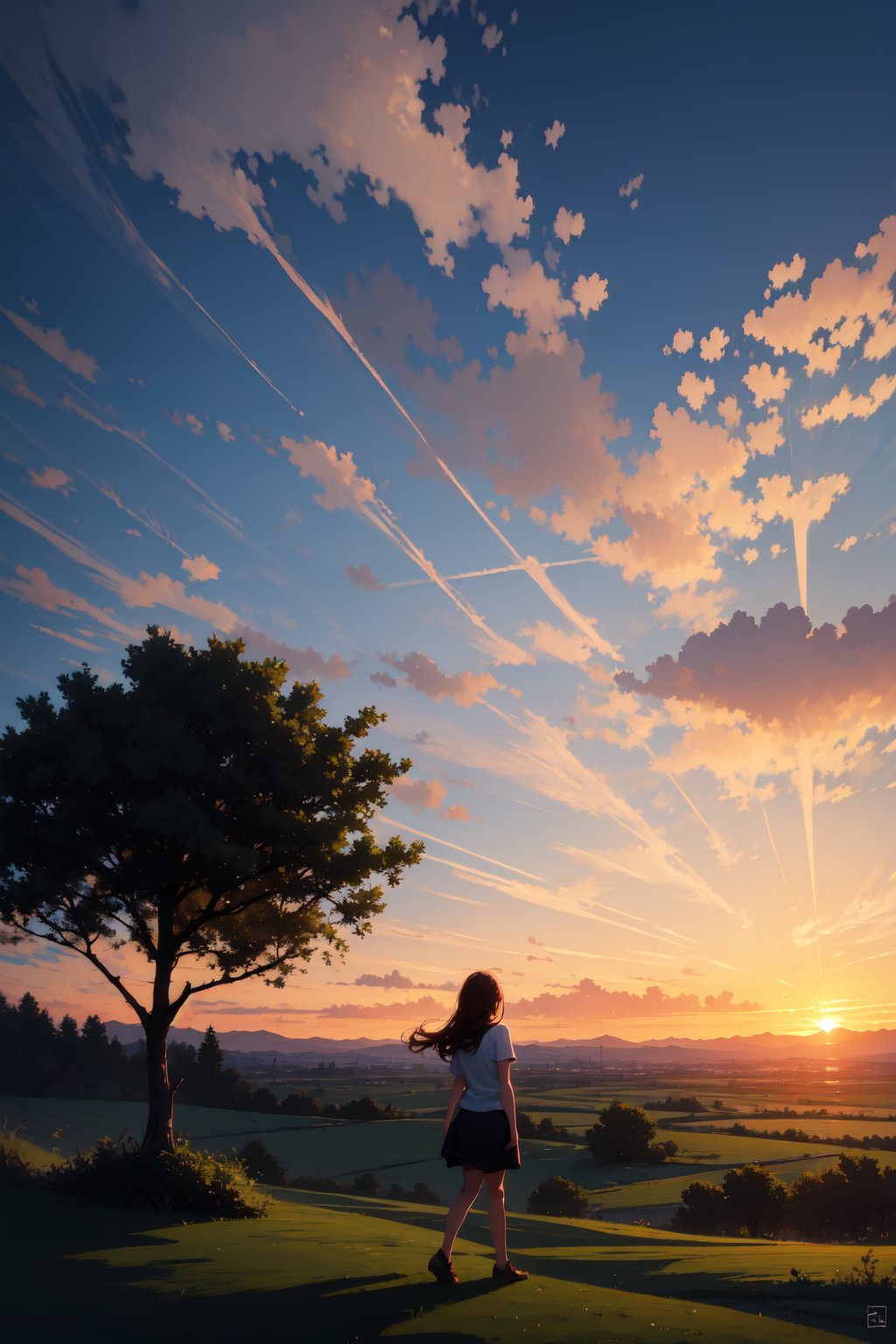 beautiful landscape, sunset, plain, girl watching at sunset, beautiful clouds, beautiful sky, detailed image, beautiful trees, stunning image, perfect use of light, ballad lighting, wind. Detailed