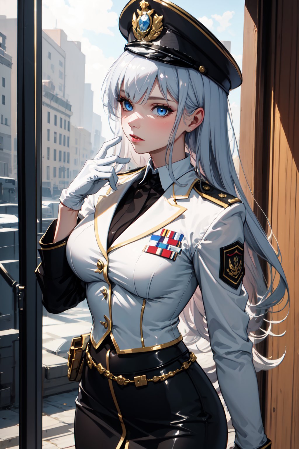 Pretty and intimidating girl. She wears a very elegant black military dress (white shirt, blazer, skirt, white gloves, gold cloth shoulder pad, military plate cap). She is a very elegant and dominant girl. Hyperdetailing masterpiece, hyperdetailing skin, masterpiece quality, with 4k resolution. Long hair, himecut hairstyle, silver hair. Mansion in background. She belongs to the nobility. cold and dominant gaze, masterpiece, best quality, incredibly absurdres. bright blue eyes shining brightly.
Prompt Negativo