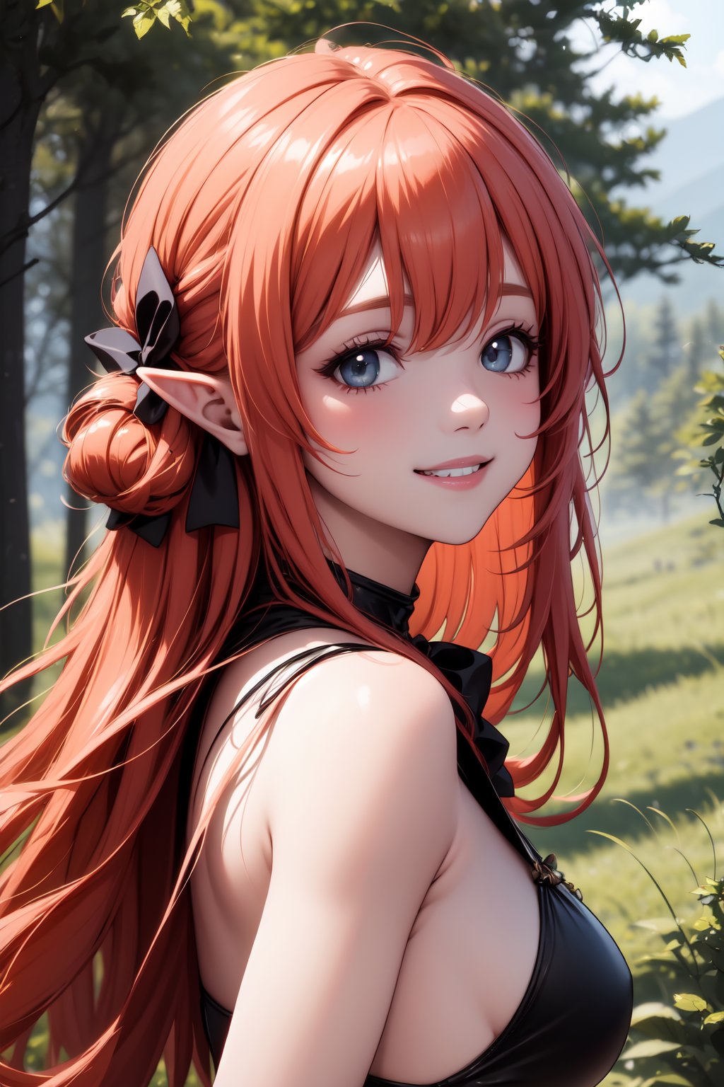 Pretty and wild elf girl. She wears a very elegant elf warrior armor. She is a very badass and cold girl. Hyperdetailing masterpiece, hyperdetailing skin, masterpiece quality, 8k resolution. Wild smile. long and messy hair, elegant bow hairstyle, red hair. Majestic forest in background. She belongs to the nobility. tender and charming smile.,masterpiece,Beautiful,Detail ,best quality,Detailed,incredibly absurdres