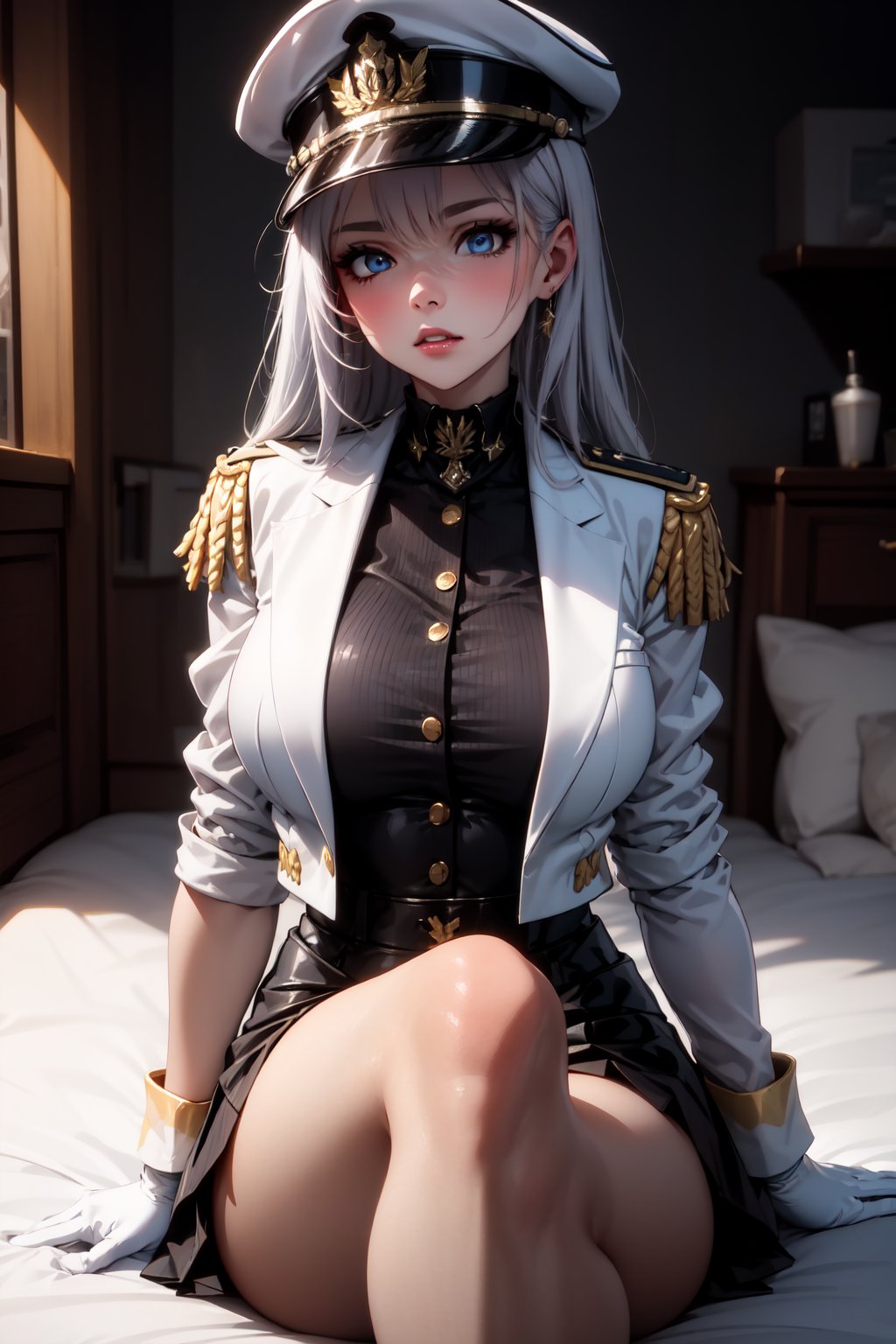 Pretty and intimidating girl. She wears a very elegant black military dress (white shirt, blazer, skirt, white gloves, gold cloth shoulder pad, military plate cap). She is a very elegant and dominant girl. Hyperdetailing masterpiece, hyperdetailing skin, masterpiece quality, with 4k resolution. Long hair, himecut hairstyle, silver hair. Mansion in background. She belongs to the nobility. cold and dominant gaze, masterpiece, best quality, incredibly absurdres. bright blue eyes shining brightly.
Prompt Negativo,incredibly absurdres