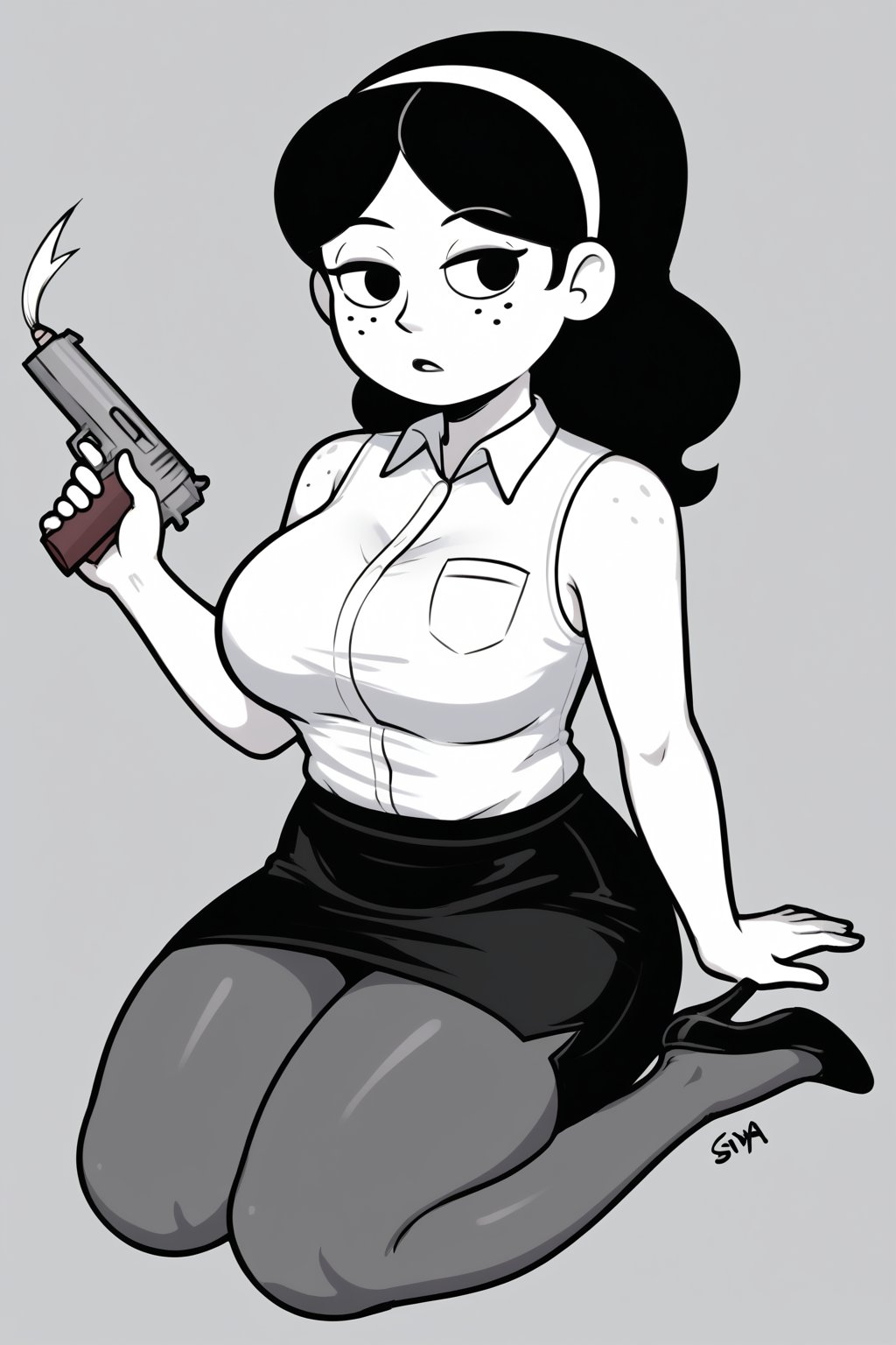 (1girl,solo,(Anya_borzakovskaya,colored skin, white skin),curvy body, long hair, black hair, freckles, ponytail, black eyes, hairband, collared shirt, white shirt, sleeveless, pencil skirt, black skirt, sitting ,black pantyhose, high heels, in the office, holding a gun, greyscale),SFW