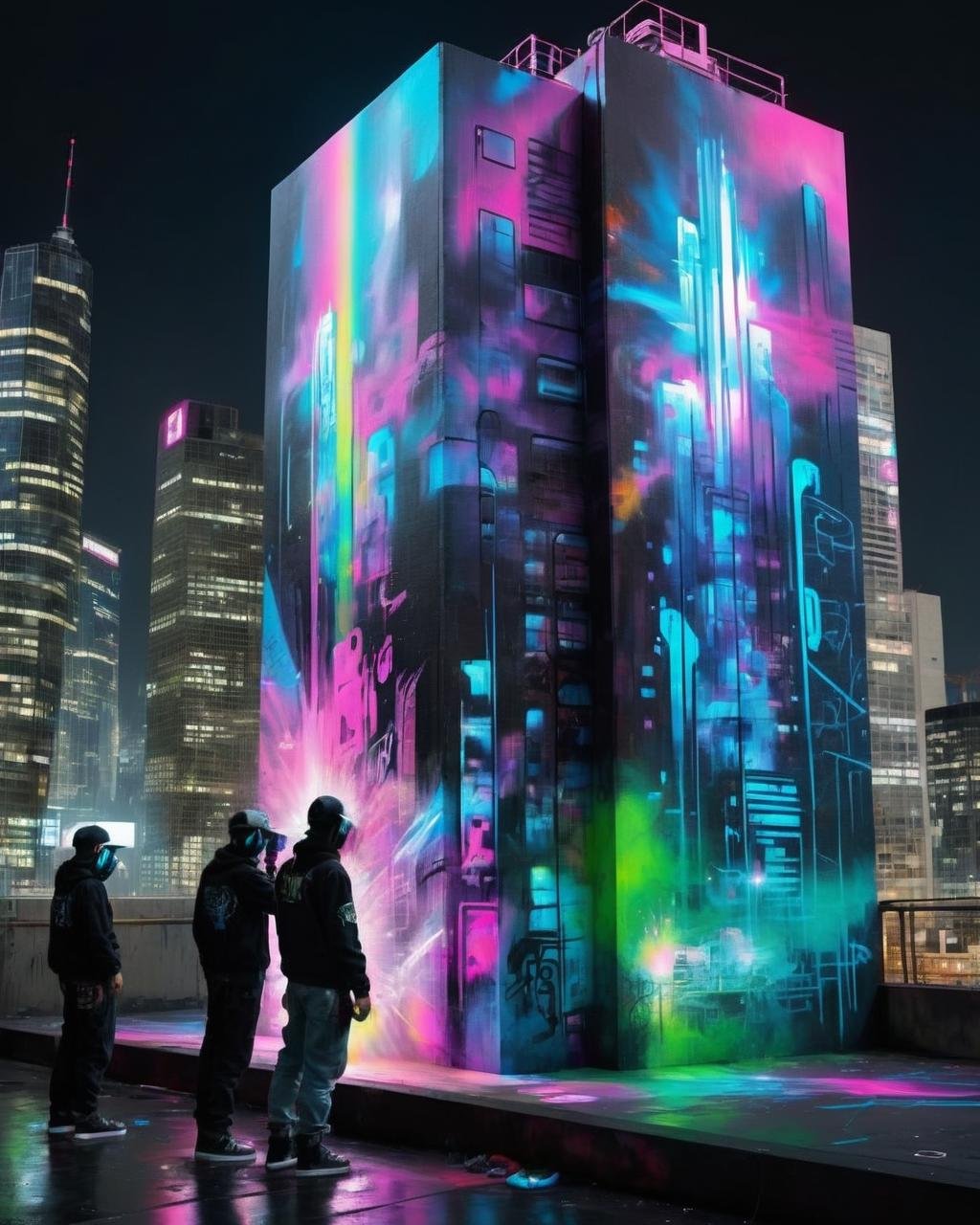 Skyline canvas, graffiti artists using holographic spray cans to paint luminous murals on virtual skyscraper walls. , cyberpunk style