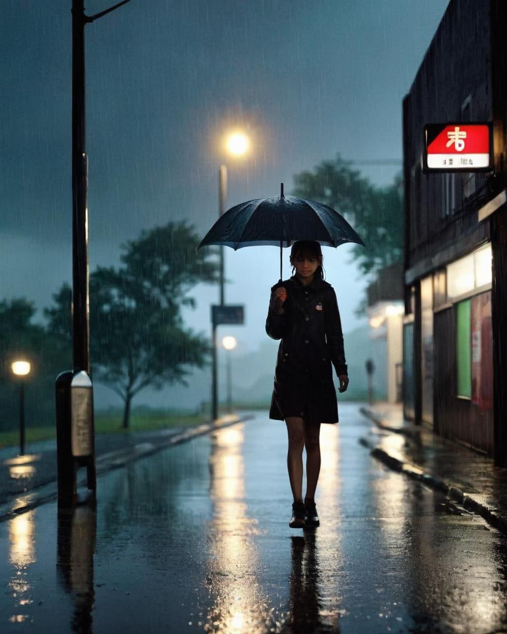 a person walking in the rain with an umbrella , 1girl, solo, holding, standing, outdoors, sky, night, umbrella, scenery, reflection, rain, holding umbrella, sign, road, lamppost, black umbrella