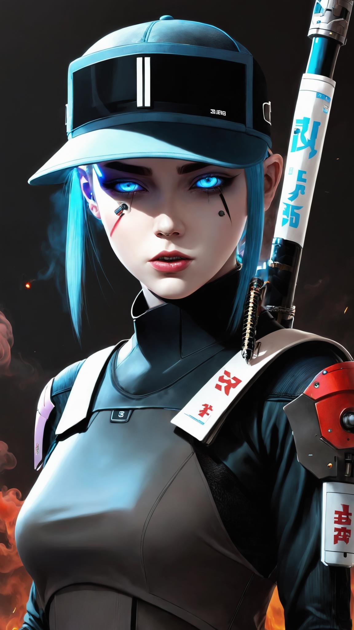 1girl, solo, looking at viewer, blue eyes, hat, weapon, sword, black headwear, katana, sheath, portrait, bandaid, baseball cap, smoke, colored sclera, science fiction, cigarette, sheathed, android, smoking, bandaid on face, cable, white eyes, cyborg, weapon on back, bandaid on nose, cyberpunk, mechanical parts