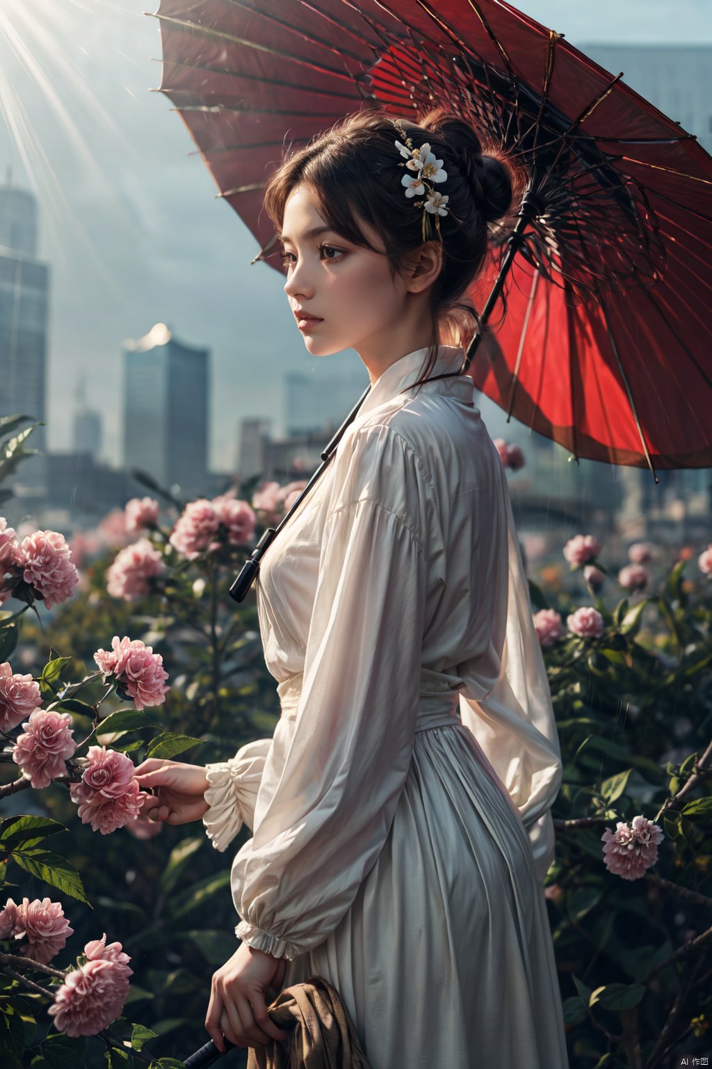  1girl, solo, black hair, hair ornament, long sleeves, dress, holding, closed mouth, upper body, flower, hair flower, hair bun, from side, umbrella, chinese clothes, holding umbrella, branch, meiren-red lips, guoflinke, backlight, white pantyhose