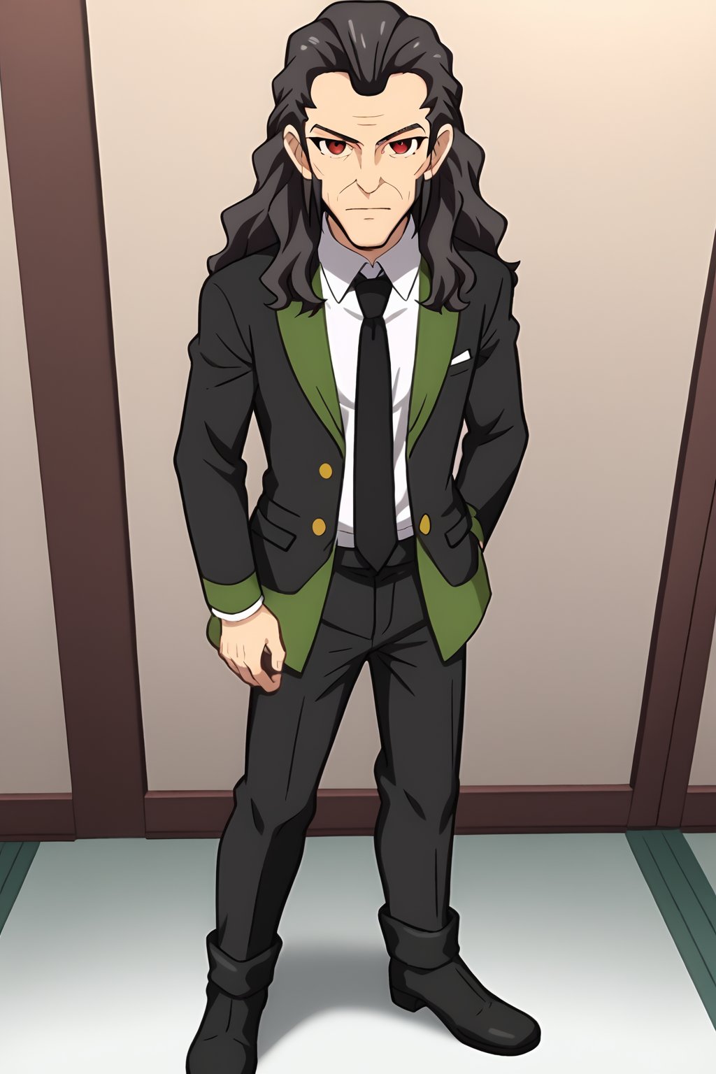 (1boy, solo, (Toudou_heikichi, old man, black hair, long hair, collared shirt, white shirt, necktie,red eyes),looking at viewer, black pants, black boots,standing)