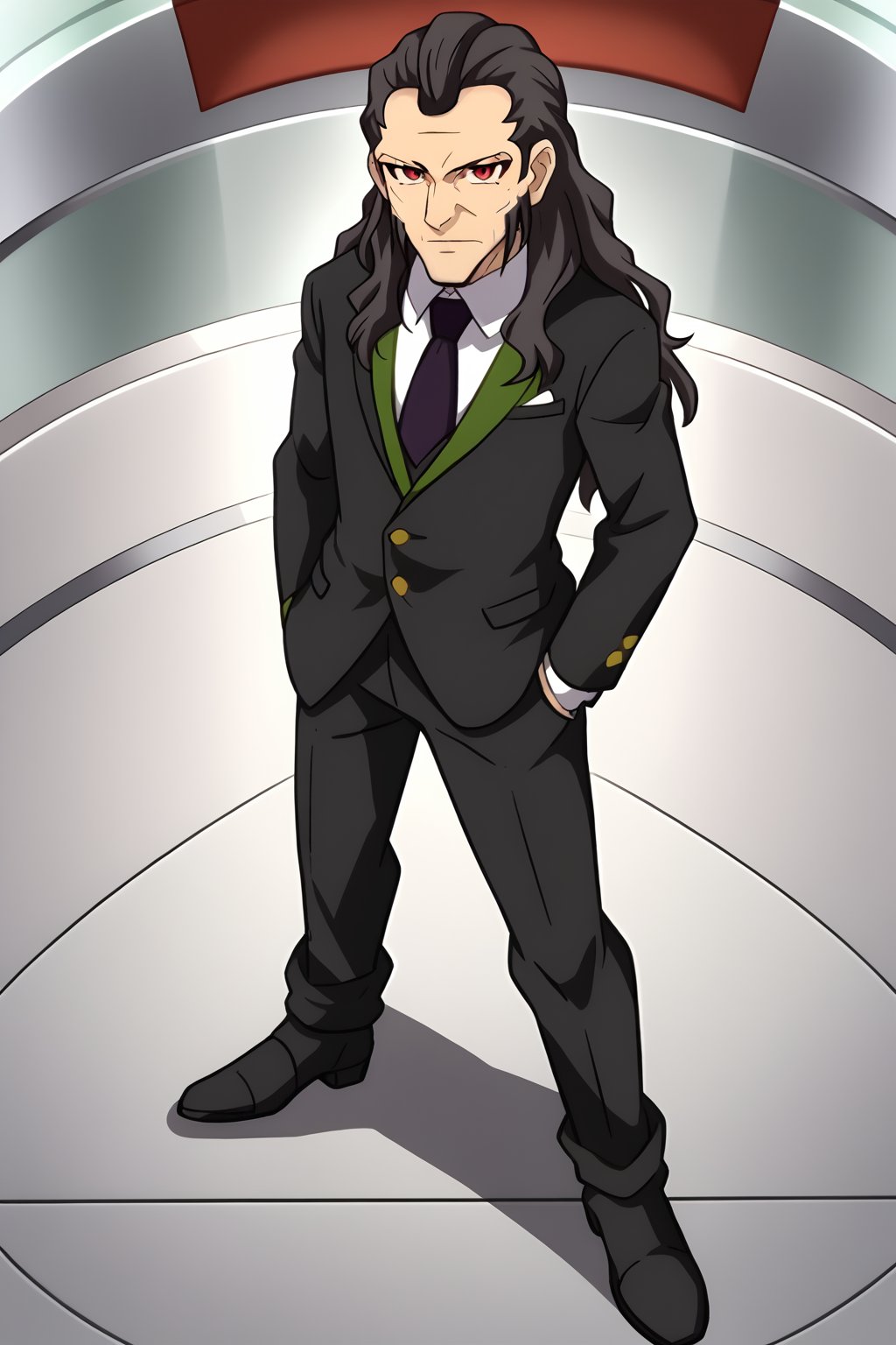 (1boy, solo, (Toudou_heikichi, old man, facial hair, black hair, long hair, formal, suit,red eyes, black pants, black boots),looking at viewer,standing, in the laboratory)