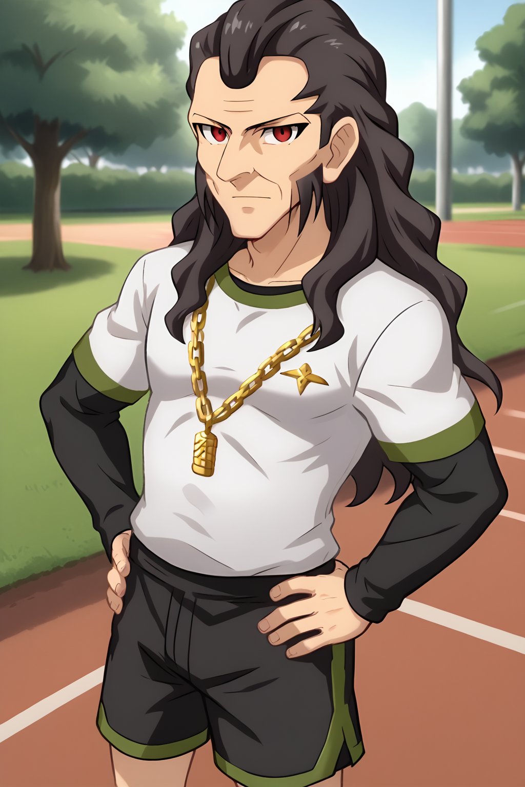 (1boy, solo, (Toudou_heikichi, old man, black hair, long hair, red eyes, head cap, sportswear, white shirt wiht black sleeves, rap gold chain,  black shorts,hands on hip, in the park ),looking at viewer),score_9,SFW