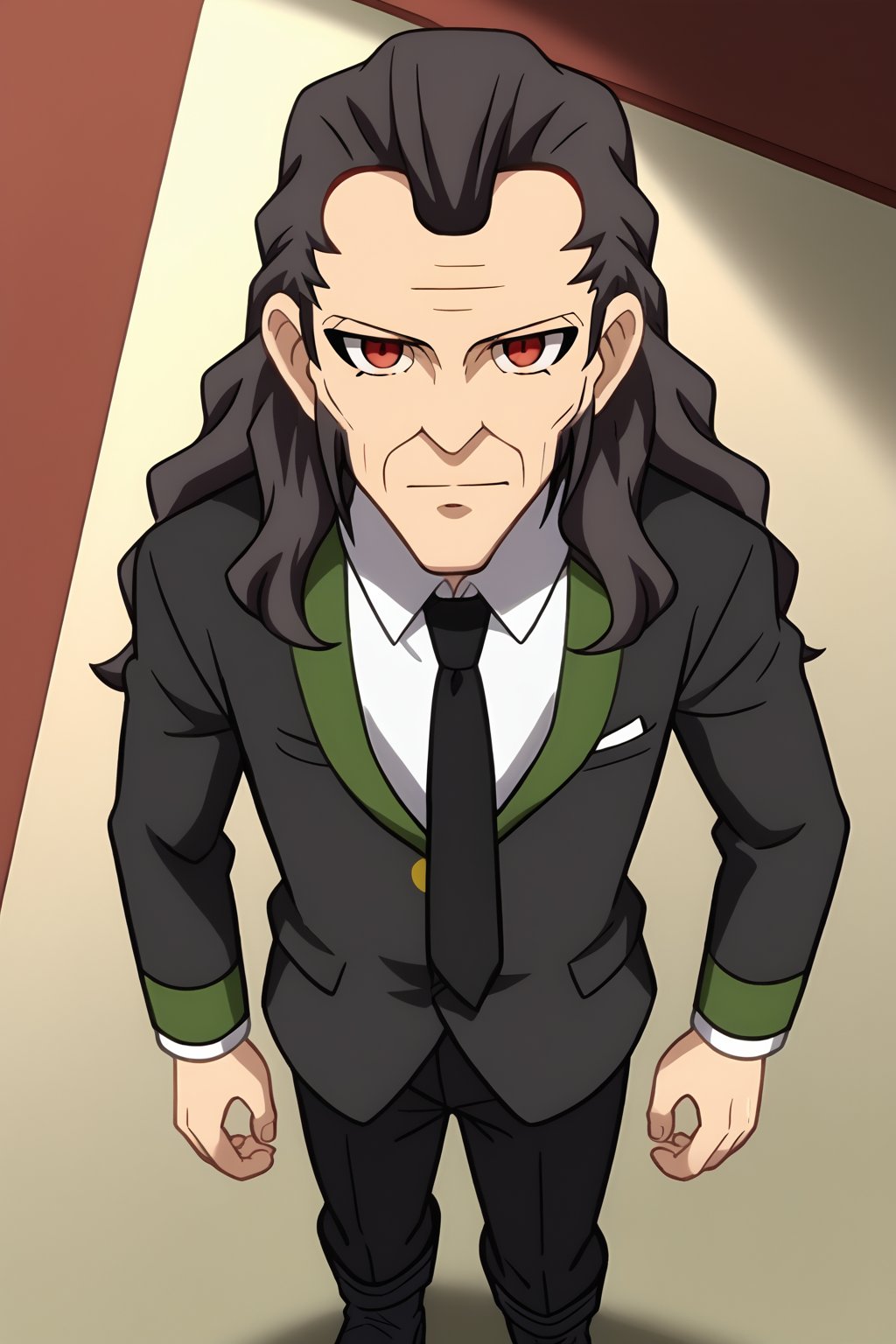 (1boy, solo, (Toudou_heikichi, old man, black hair, long hair, collared shirt, white shirt, necktie,red eyes),looking at viewer, black pants, black boots)