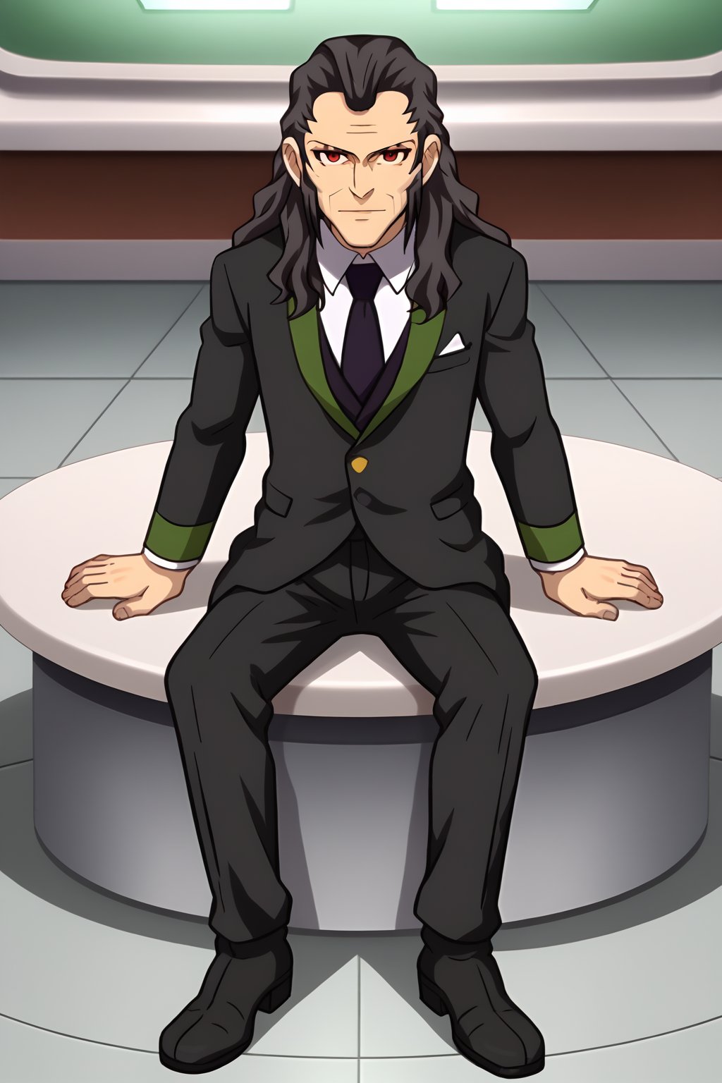 (1boy, solo, (Toudou_heikichi, old man, facial hair, black hair, long hair, formal, suit,red eyes, black pants, black boots),looking at viewer,standing, sitting, in the laboratory)