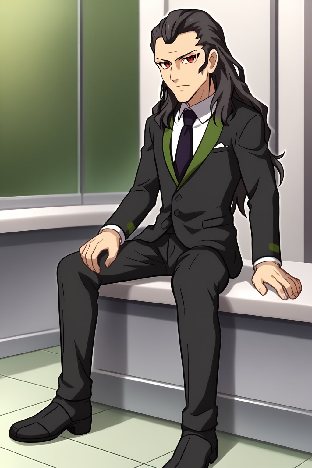 (1boy, solo, (Toudou_heikichi, black hair, long hair, formal, suit,red eyes, black pants, black boots),looking at viewer,standing, sitting, in the laboratory)