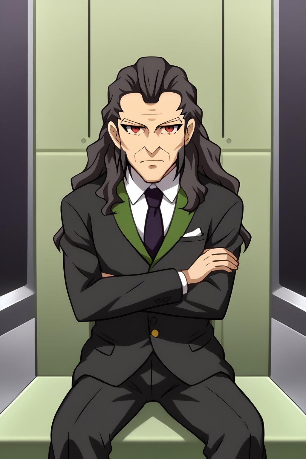 (1boy, solo, (Toudou_heikichi, old man, black hair, long hair, formal, suit,red eyes),looking at viewer,standing,sitting, crossing arms, in the laboratory),SFW