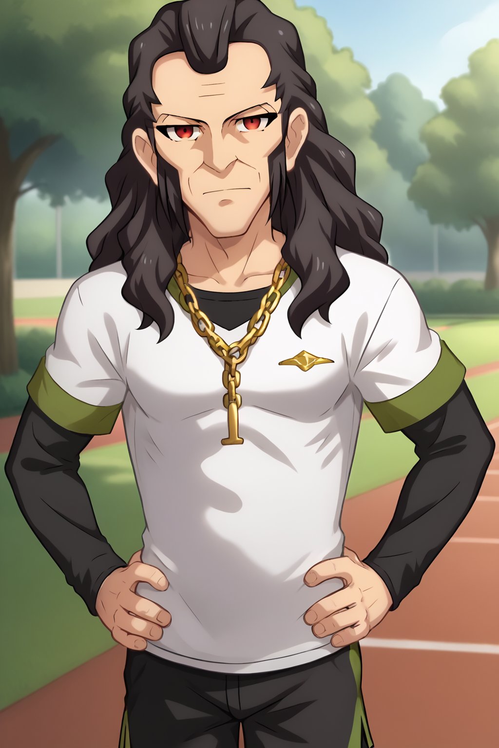 (1boy, solo, (Toudou_heikichi, old man, black hair, long hair, red eyes, (head cap), sportswear, white shirt wiht black sleeves, rap gold chain,  black shorts,hands on hip, in the park ),looking at viewer),score_9,SFW