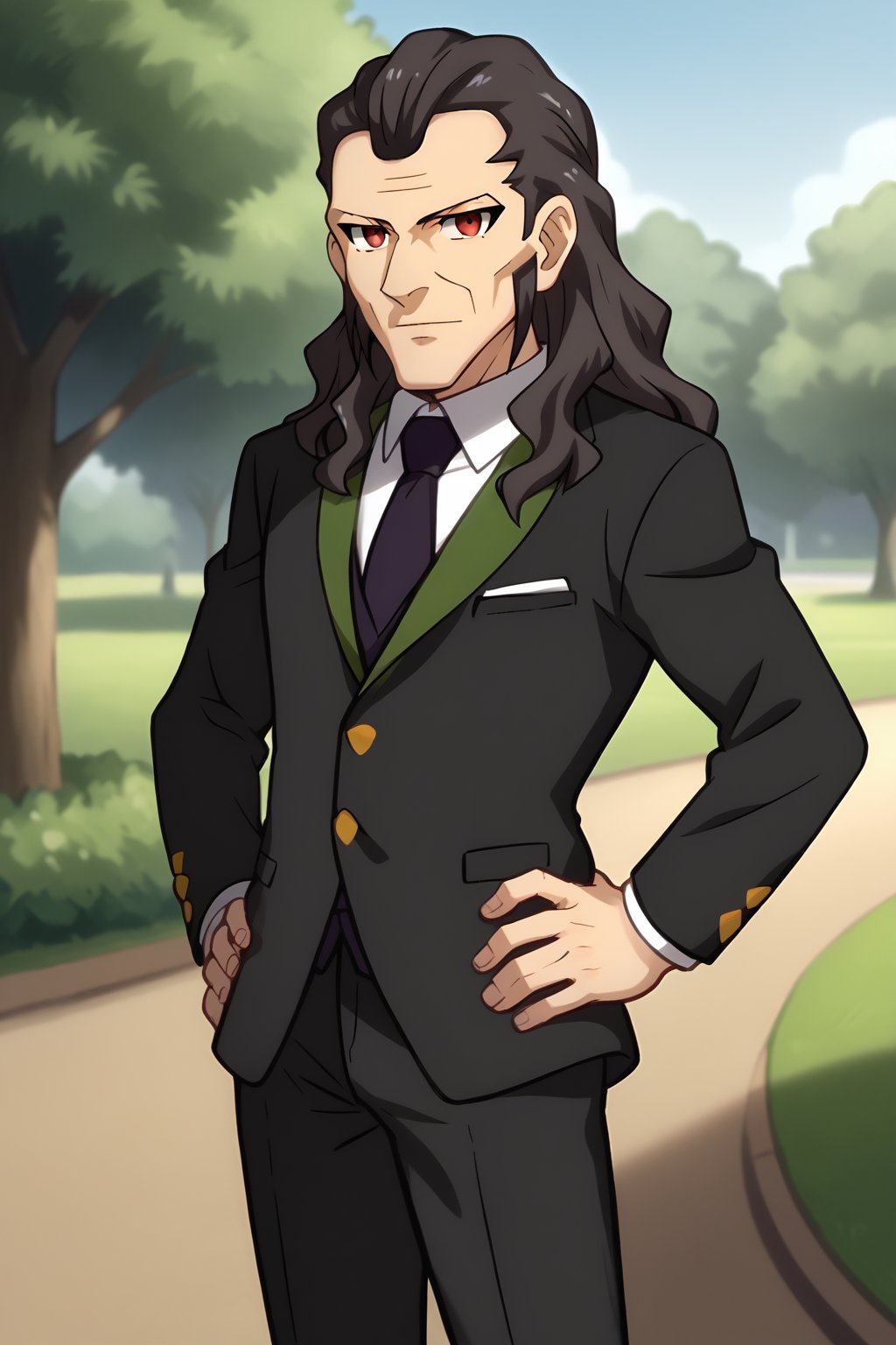 (1boy, solo, (Toudou_heikichi, old man, black hair, long hair, red eyes, formal, suit, black pants,hands on hip, in the park ),looking at viewer),score_9,SFW