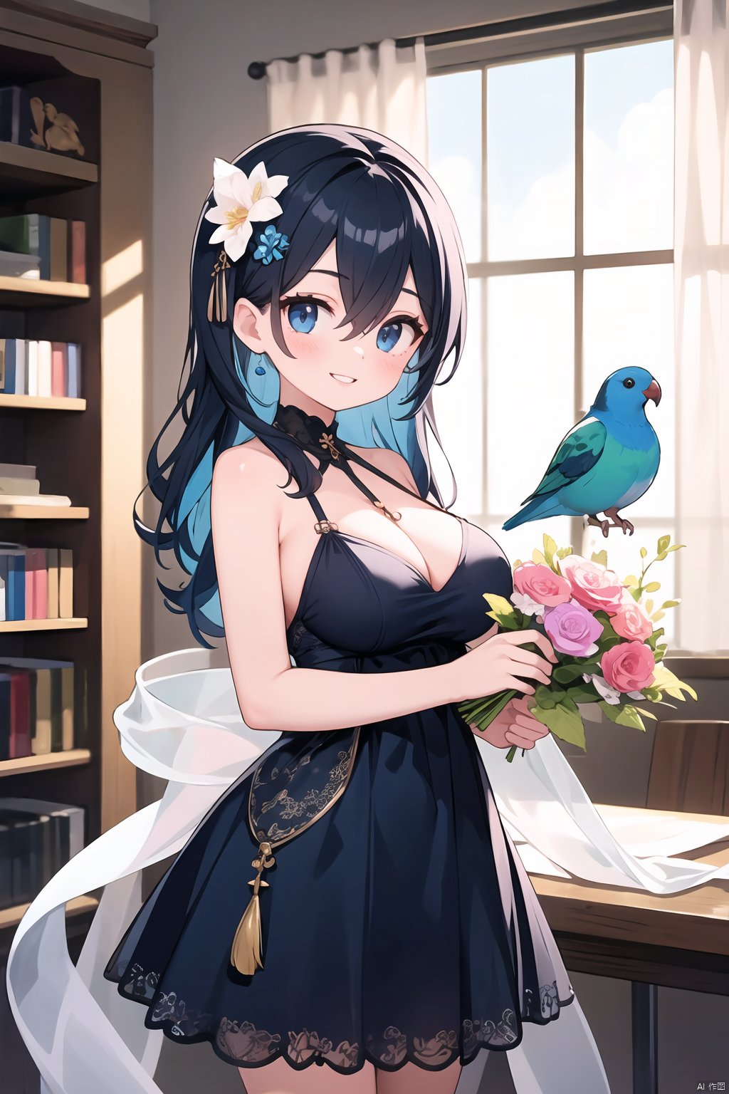 1girl,bird,bird on hand,birdcage,black eyes,black hair,blue dress,blurry,blurry foreground,breasts,cage,cowboy shot,curtains,dress,feather hair ornament,feathers,flower,hair between eyes,hair ornament,indoors,large breasts,lattice,long bangs,long hair,looking at viewer,parakeet,parted lips,pink flower,shawl,smile,solo,blue eyes,blue hair,bouquet