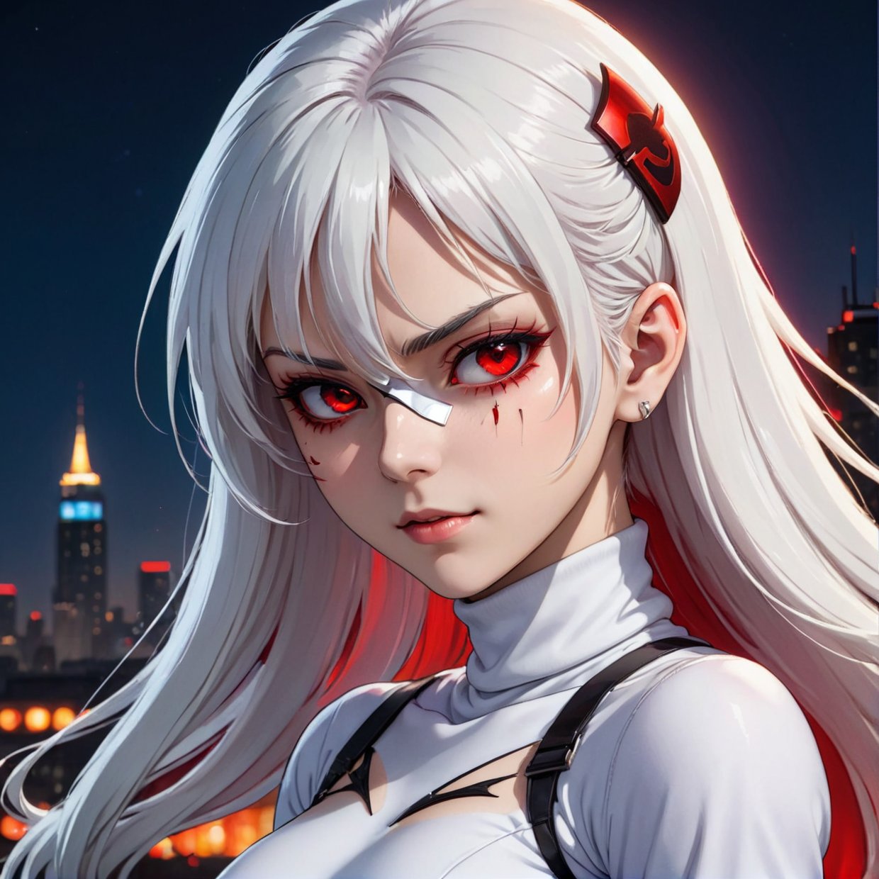 1girl, (solo), anime girl with long white hair and red eyes, girl with white hair, girl in white turtleneck, ((eyepatch)), pointed ears, ((vampire)), smirk, smug, closed mouth, cowboy shot, perfect white haired girl, white haired deity, digital cyberpunk anime art, turtleneck, lens flare, ((dramatic lighting)), soft glowing red eyes, extremely detailed, masterpiece, looking at viewer, city in background, (night)