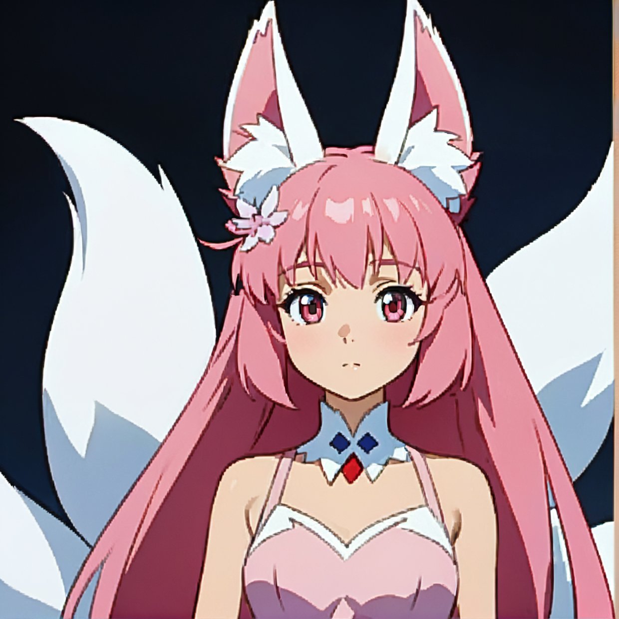 Nine snow-white fox tails (1.0), milky fox tail (1.0), fox close-up of nine tails, nine-tails, nine-tails, anime girl with pink hair and pink dress with flowers on her hair, very beautiful anime fox girl, beautiful anime fox girl, beautiful fantasy anime, guweiz, anime girl with fox ears, beautiful anime girl, very beautiful and cute fox girl, pink flower rain, background blur, anime style 4 K, anime fantasy artwork, 4k anime wallpaper, Artwork in the Guvez styl