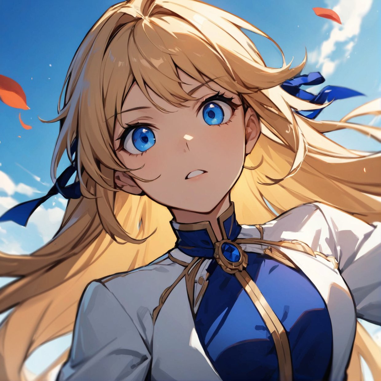 (dynamic angle:1.3),extreme closeup,windy,cinematic highlight,1girl,upper body,dacing,looking at viewer, violet_evergarden, solo, jewelry, blank eyes,brooch, blonde_hair,( vevry long hair:1.2),floating hairlong_sleeves, ribbon, blue_eyes, jacket, dress, gem, hair_ribbon,sky, depth_of_field, a close view of flying petal,