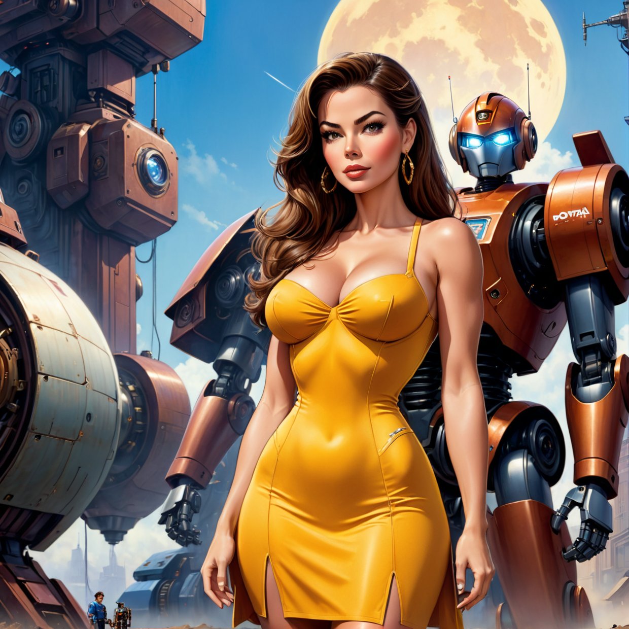 there is a woman in a dress standing in front of a giant robot, by Don Maitz, portrait of sofia vergara, promotional art, attractive brown hair woman, retropunk, protagonist in foreground, inspired by Louis Pohl, mechanic, anime visual of a young woman, compute shader, inspired by Donato Giancola, youtube thumbnail, chrome art