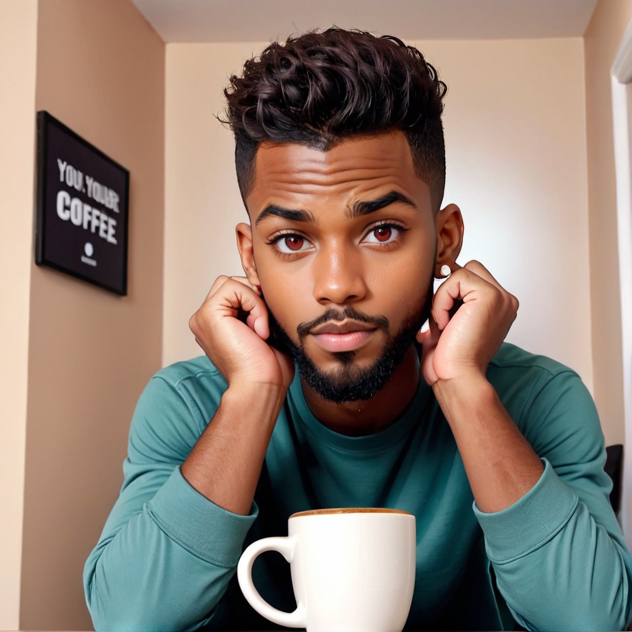 (1boy) Young black man, shaved black hair, looking like taylor Launer, beard close to his face well done, light brown red eyes. Youtuber sitting in front of the camera looking shooting videos for his YouTube channel, tidy room, with terror poles on the walls, hands with super details 5 fingers on each hand. On your table a hot coffee