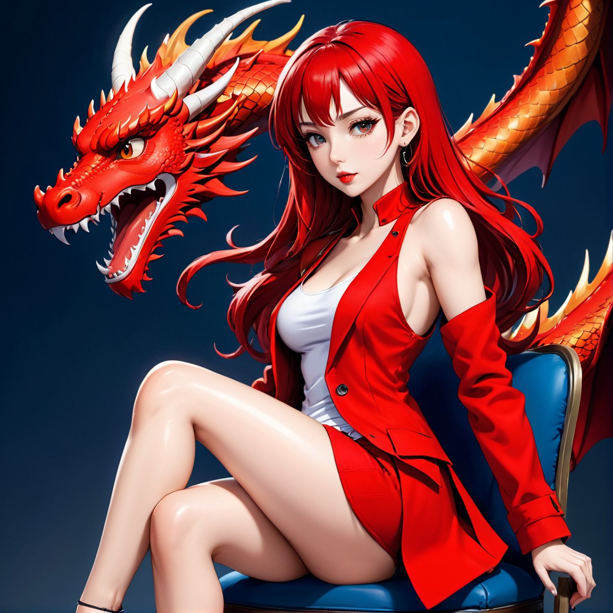 A woman in a red coat sitting on a chair with a dragon, popular on ArtStation Pixiv, detailed anime artwork, detailed digital anime art, complex gorgeous anime CGI style, guvez on pixiv art station, guvez on pixiv, anime fantasy illustration, detailed anime art, clean detailed anime art, detailed key anime art, red lip micro-open, tank top and pants red 