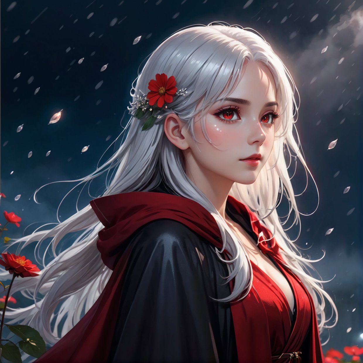  1girl,solo,1girl,solo,((beautiful detailed eyes)), (detailed light),depth of field,(white hair),silver eyes,hair over one eye,(red flower ), hair flower,long hair,black cloak,wet,emotionless,looking back,night,starfall,raining,fog,red flowers falling,sketch,upper body,intense shadows,