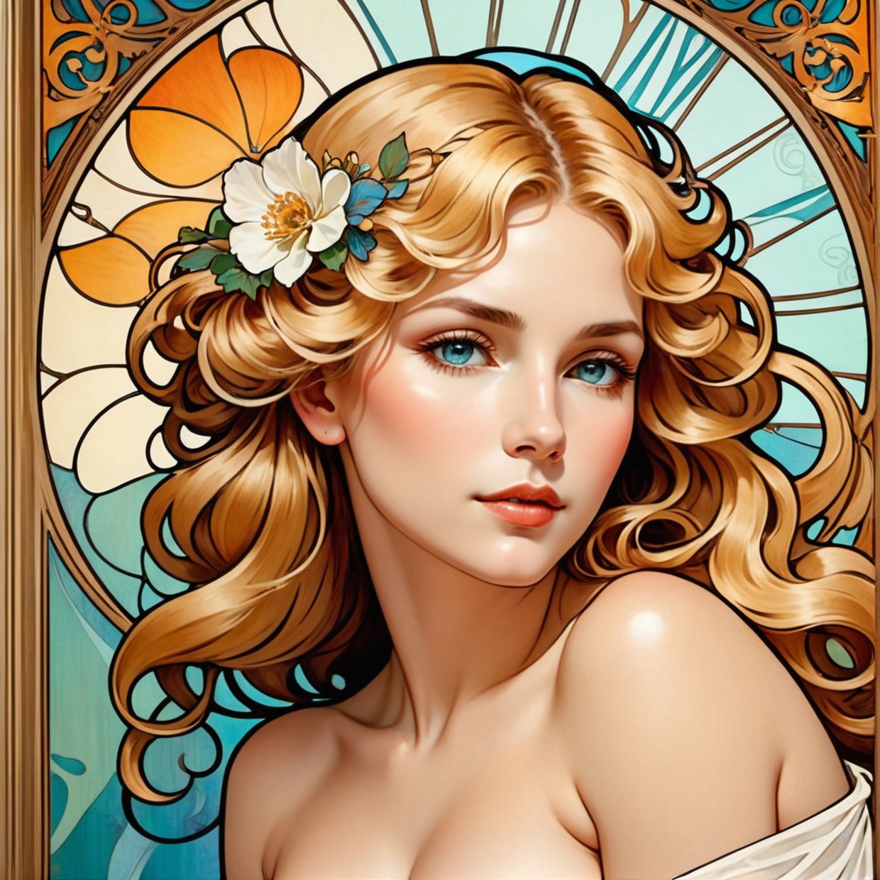 European woman's face portrait, long curly hair, blonde, flower frame, decorative panel, abstract art, by Alphonse Mucha (masterpiece, highest quality, high resolution: 1.4), detailed, intricate details, 4K, color splash, line art, Fibonacci, in underwear