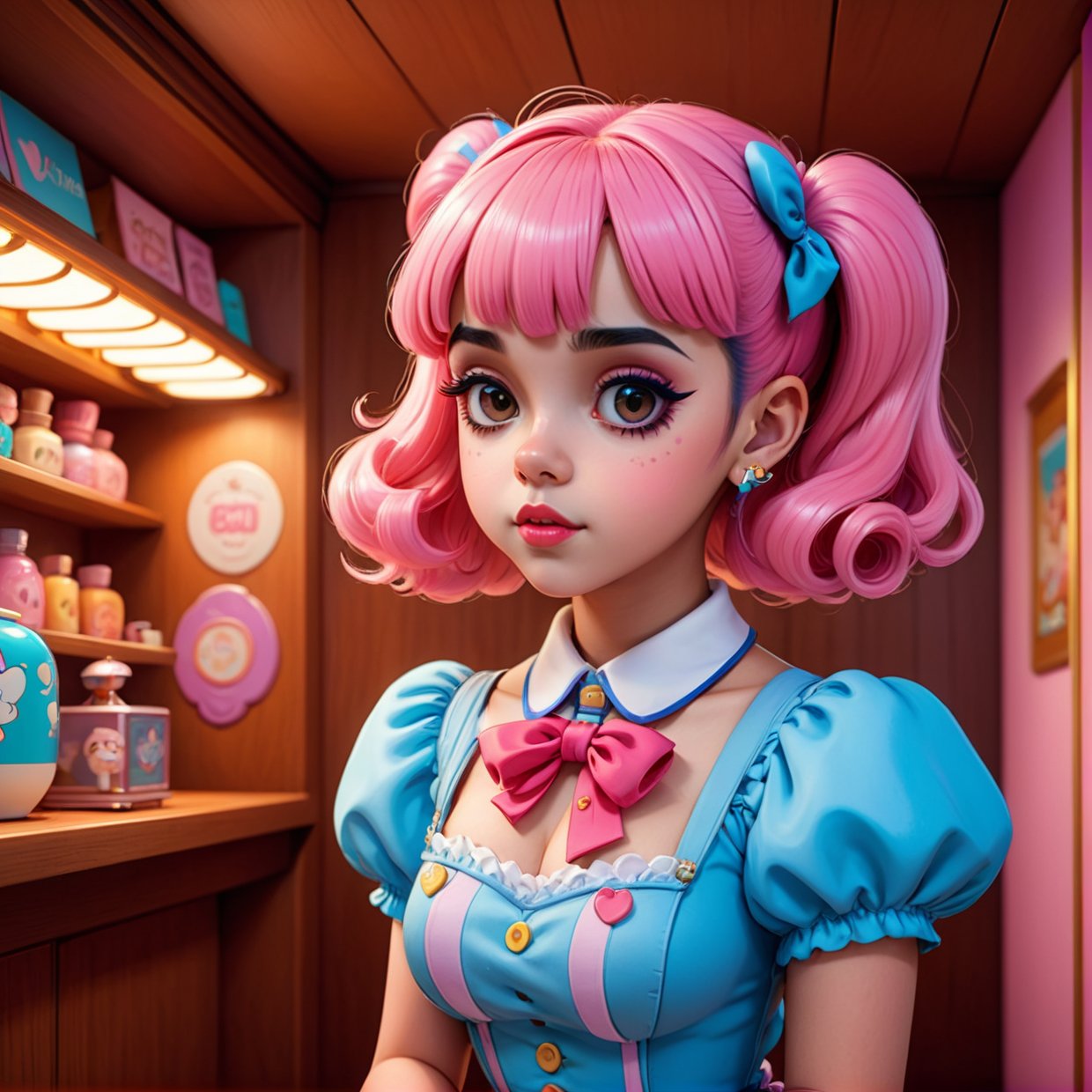 Cute Melanie Martinez as a very cute anime character, Cartoon Character, Unreal Engine Warm Interior Lighting Art Station Detailed Digital Painting Character Design Mark Ryden Pixar Hayao Miyazaki Unreal 5 Dazz Hyper Real - Octane Neon Rendering