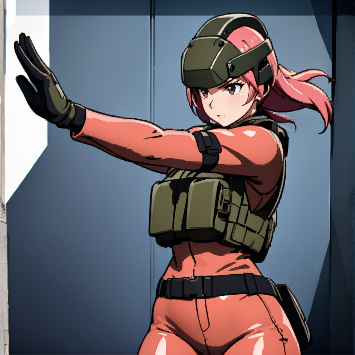 style of metal gear solid, (detailed intricate full cover tactical helmet:1.3), (pink hair), cowboy shot, dynamic pose, 1girl, solo, ray tracing, (masterpiece), (best quality), (detailed), (detailed tactical gear:1.1), (body armor:1.1), combat pants, gloves, (intricate background:1.1),