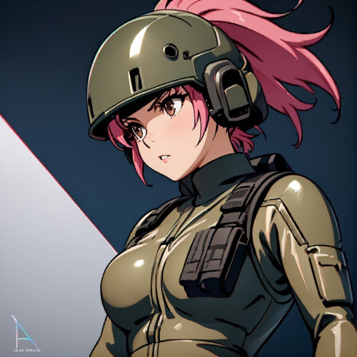 style of metal gear solid, (detailed intricate full cover tactical helmet:1.3), (pink hair), cowboy shot, dynamic pose, 1girl, solo, ray tracing, (masterpiece), (best quality), (detailed), (detailed tactical gear:1.1), (body armor:1.1), combat pants, gloves, (intricate background:1.1),