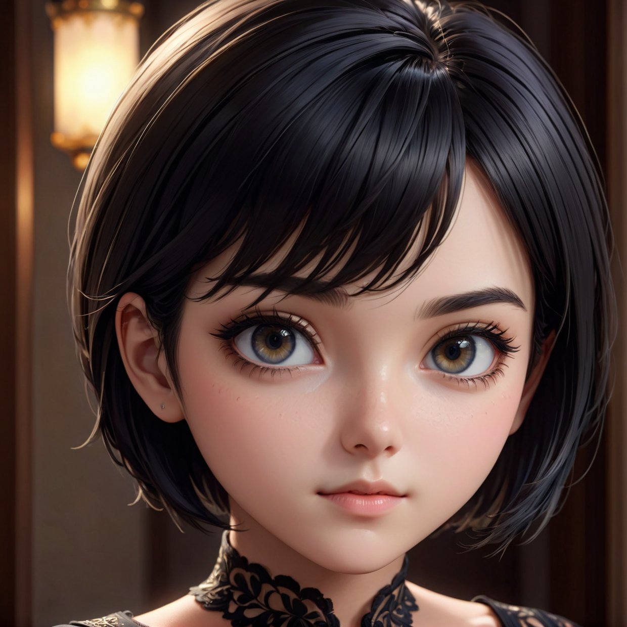 {masterpiece},{best quality},{1girl}, cute, Amazing, beautiful detailed eyes, black eyes, short hair, black hair,finely detail,Depth of field,extremely detailed CG,original, extremely detailed wallpaper,upper body, looking at viewer