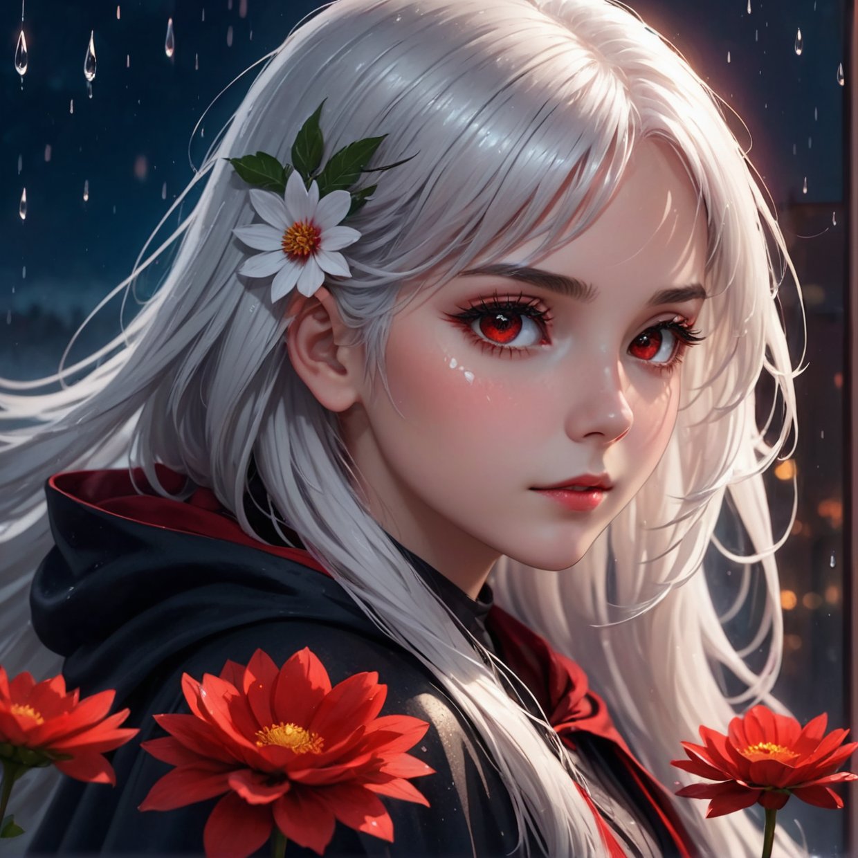  1girl,solo,1girl,solo,((beautiful detailed eyes)), (detailed light),depth of field,(white hair),silver eyes,hair over one eye,(red flower ), hair flower,long hair,black cloak,wet,emotionless,looking back,night,starfall,raining,fog,red flowers falling,sketch,upper body,intense shadows,