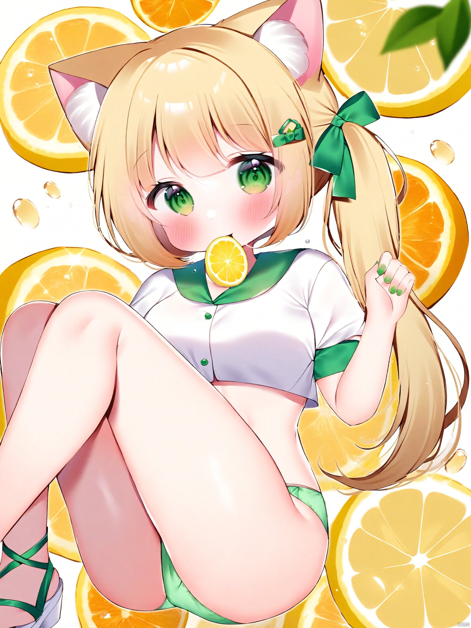 Best-A,tsukimi_mumi,1girl, animal_ear_fluff, animal_ears, blonde_hair, blush, breasts, cat_ears, cat_girl, crop_top, food, fruit, green_eyes, green_panties, hair_ornament, hairclip, highres, leg_up, lemon, lemon_slice, long_hair, mouth_hold, nail_polish, navel, no_pants, original, panties, ribbon, sandals, shirt, short_sleeves, side_ponytail, solo, thighs, tsukimi_mumi, underwear, white_shirt