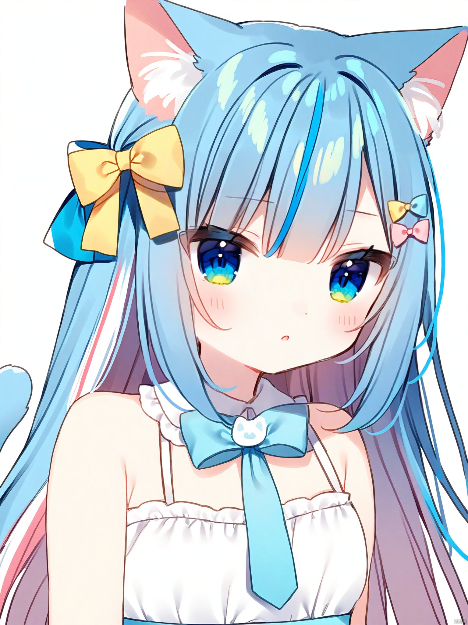 Best-A,miwachi_\(38mofu\),Chr_Rnglg2, 1girl, solo, animal_ears, cat_ears, long_hair, blue_eyes, multicolored_hair, bow, looking_at_viewer, sleeveless_dress, animal_ear_fluff, hair_bow, bare_shoulders