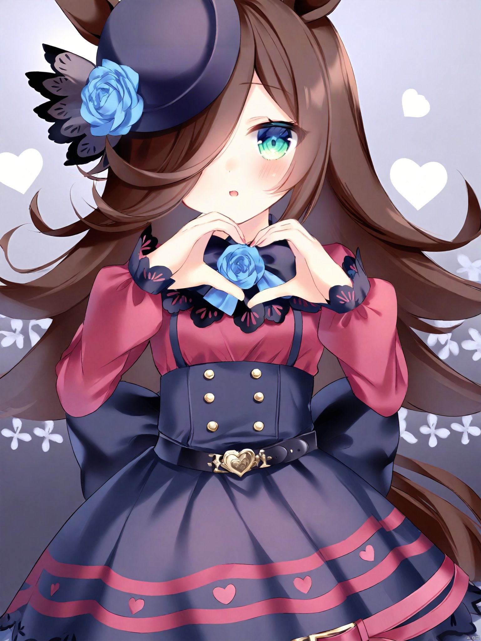 Best-A,Chen_bin,lolita_fashion,1girl, animal_ears, bad_id, bad_pixiv_id, belt, black_background, blush, breasts, commentary_request, flower, gothic_lolita, hair_over_one_eye, hat, heart, heart_hands, highres, horse_ears, horse_girl, kagami_\(haret46\), lolita_fashion, long_hair, rice_shower_\(umamusume\), small_breasts, solo, twitter_username, umamusume