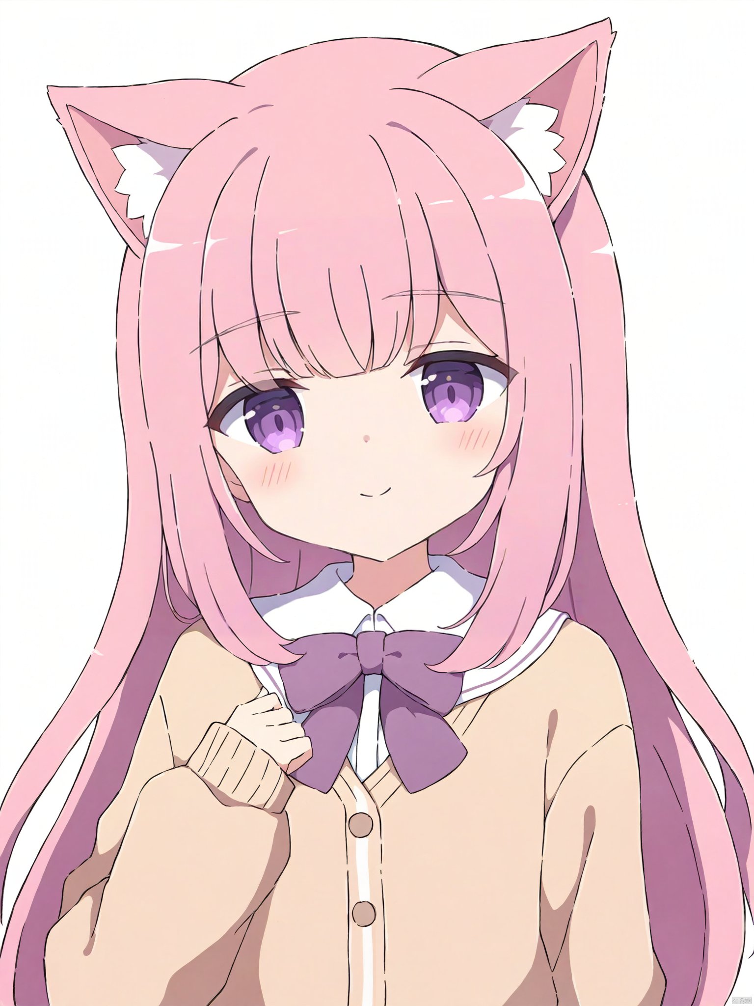 Best-A,tyakomes,1girl, animal_ear_fluff, animal_ears, blush, bow, bowtie, brown_cardigan, buttons, cardigan, cat_ears, cat_girl, closed_mouth, collared_shirt, commentary, dot_nose, hair_bow, highres, long_bangs, long_hair, long_sleeves, looking_at_viewer, original, pink_bow, pink_hair, purple_bow, purple_bowtie, purple_hair_girl_\(tyakomes\), raised_eyebrows, school_uniform, shirt, sidelocks, simple_background, sleeves_past_wrists, smile, solo, straight_hair, symbol-only_commentary, tyakomes, v-neck, variant_set, white_background, white_shirt