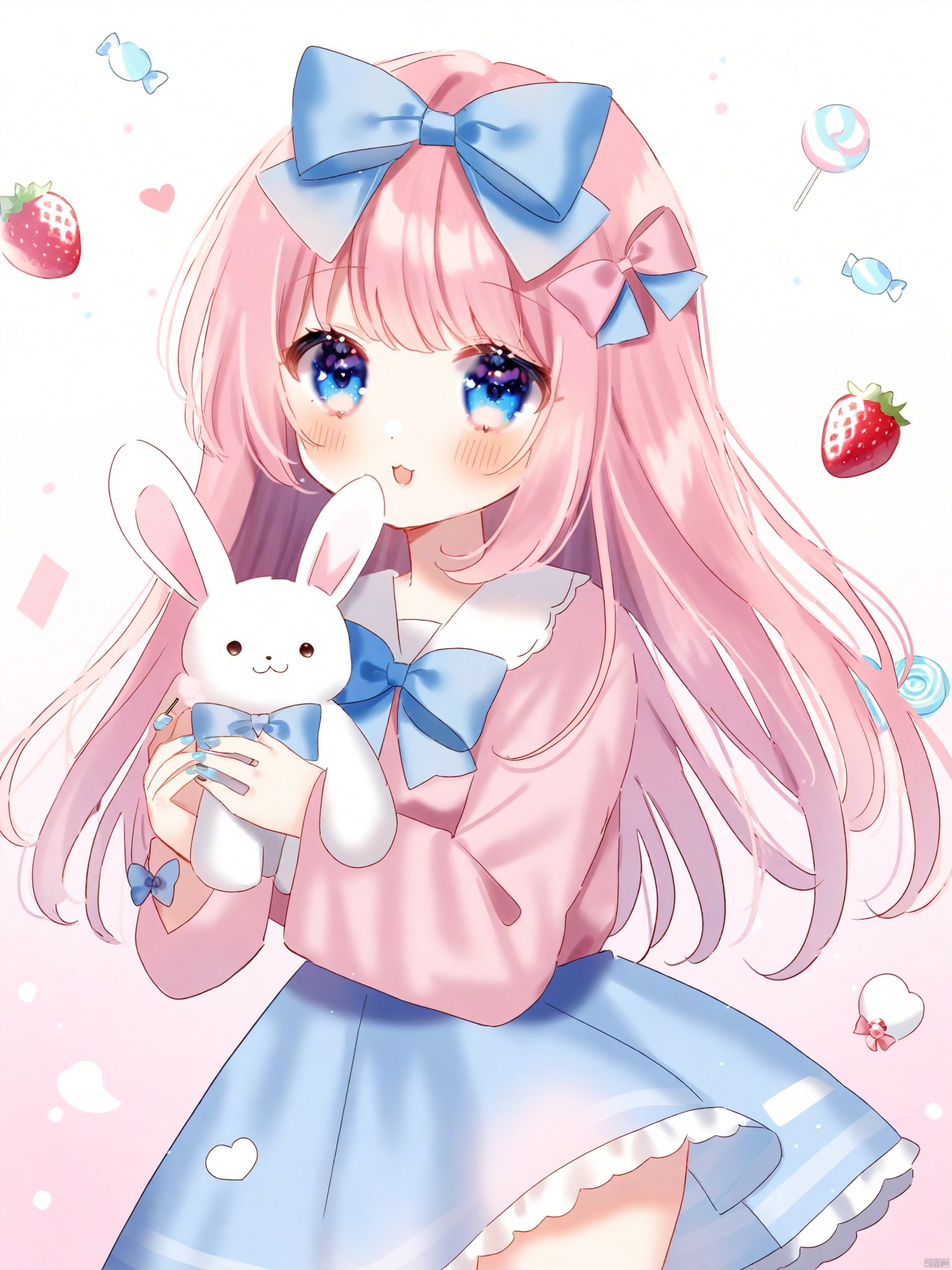 Best-A,azarashi6,1girl, \:3, \:o, absurdres, azarashi6, blue_bow, blue_eyes, blue_nails, blue_skirt, blush, bow, candy, cowboy_shot, food, fruit, hair_bow, hair_ornament, heart, highres, holding, holding_stuffed_toy, hugging_object, lollipop, long_hair, long_sleeves, looking_at_viewer, marshmallow, original, pink_background, pink_bow, pink_hair, pink_petals, pink_shirt, pocket, rabbit, shirt, skirt, solo, strawberry, stuffed_animal, stuffed_rabbit, stuffed_toy, white_background, wide_sleeves