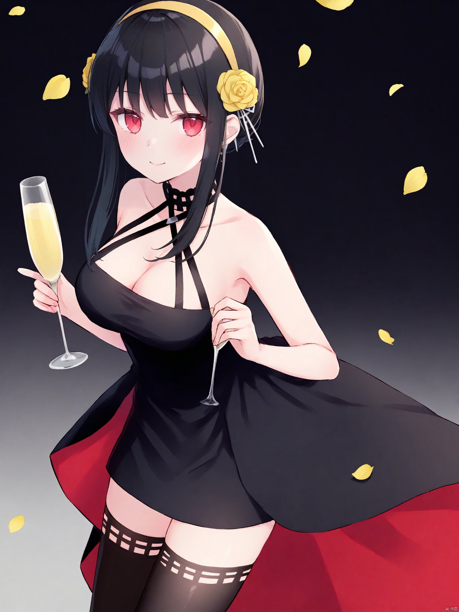  Best-A,shano_hiyori,1girl, absurdres, alcohol, bare_shoulders, black_dress, black_hair, black_thighhighs, breasts, champagne, champagne_flute, cleavage, closed_mouth, cowboy_shot, cup, dress, drink, drinking_glass, flower, gradient_background, hair_flower, hair_ornament, hairband, highres, holding, holding_cup, holding_weapon, looking_at_viewer, medium_breasts, petals, red_eyes, rose, shano_hiyori, short_hair_with_long_locks, sidelocks, simple_background, sleeveless, sleeveless_dress, smile, solo, spy_x_family, thighhighs, two-sided_dress, two-sided_fabric, waist_cape, weapon, yellow_flower, yellow_hairband, yellow_rose, yor_briar, zettai_ryouiki