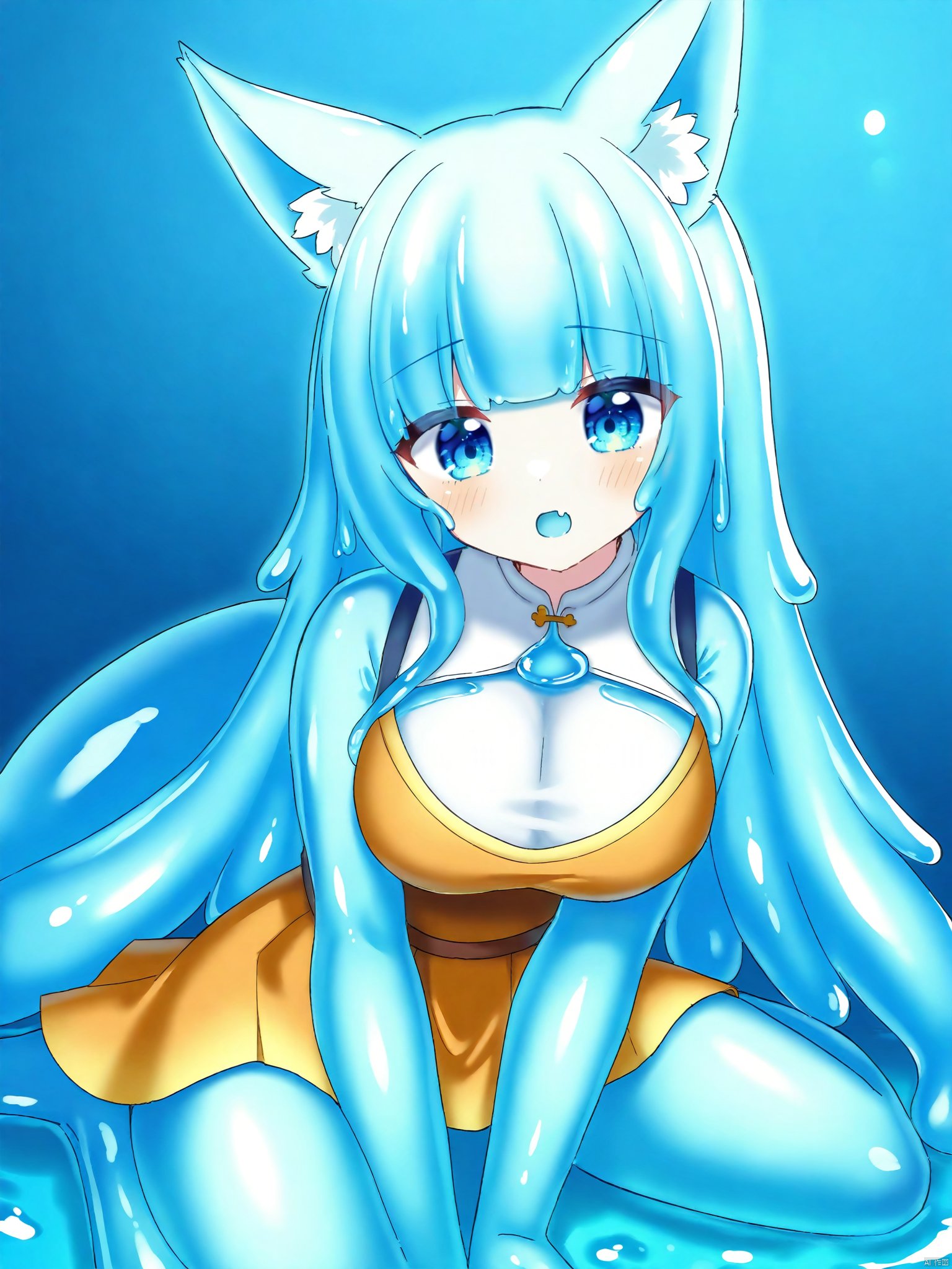 Best-A,azarashi6,slime_girl,1girl, animal_ear_fluff, animal_ears, between_legs, blue_eyes, blunt_bangs, blush, breasts, cleavage_cutout, clothing_cutout, colored_skin, commission, curss, fox_ears, fox_tail, hand_between_legs, highres, invisible_chair, large_breasts, long_hair, looking_at_viewer, melting, monster_girl, open_mouth, orange_skirt, original, shirt, sitting, skeb_commission, skirt, slime_girl, solo, tail, very_long_hair, white_hair, white_shirt, white_skin