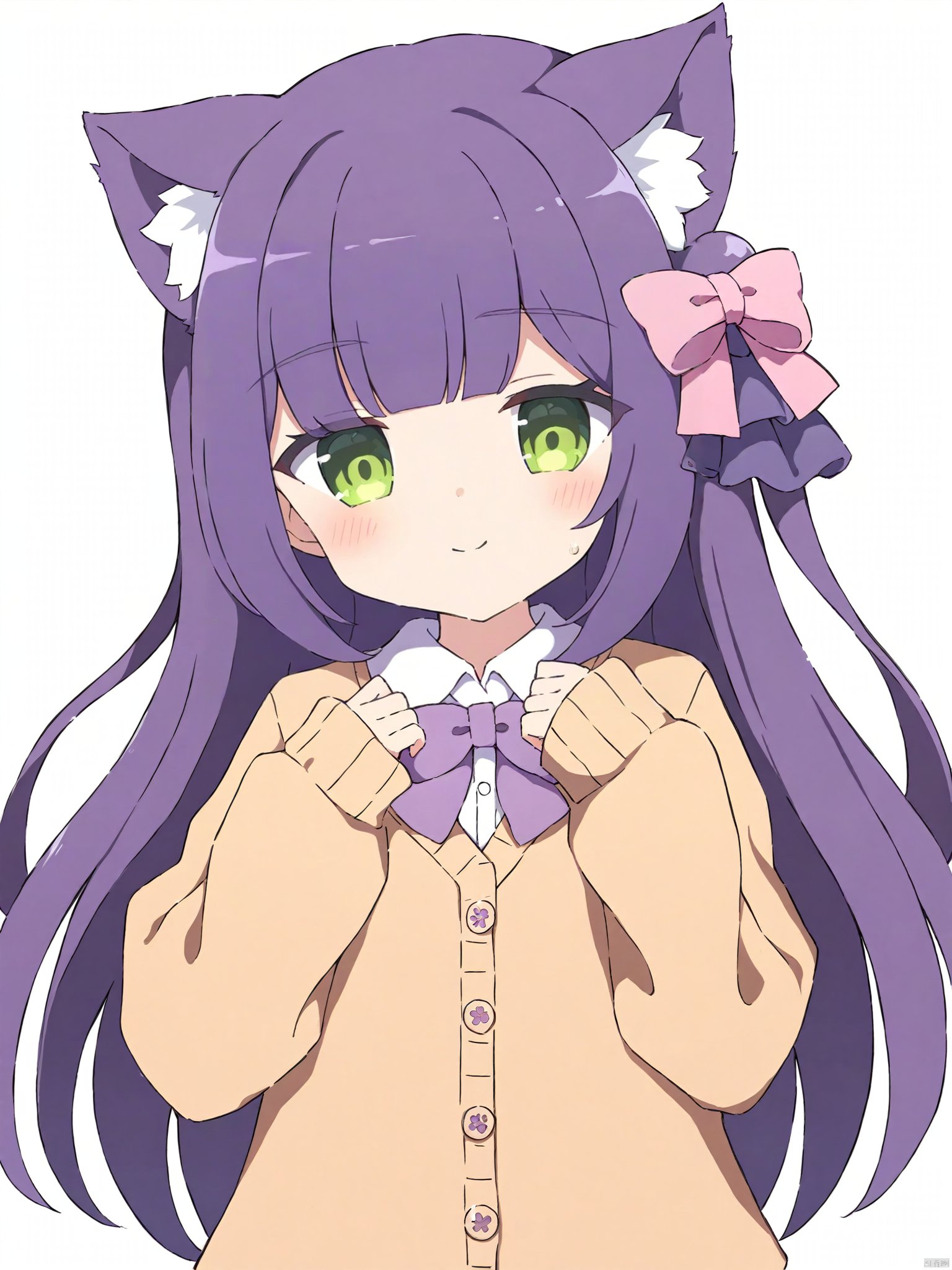 Best-A,tyakomes,1girl, animal_ear_fluff, animal_ears, blush, bow, bowtie, brown_cardigan, buttons, cardigan, cat_ears, cat_girl, closed_mouth, collared_shirt, commentary, dot_nose, hair_bow, highres, long_bangs, long_hair, long_sleeves, looking_at_viewer, original, pink_bow, pink_hair, purple_bow, purple_bowtie, purple_hair_girl_\(tyakomes\), raised_eyebrows, school_uniform, shirt, sidelocks, simple_background, sleeves_past_wrists, smile, solo, straight_hair, symbol-only_commentary, tyakomes, v-neck, variant_set, white_background, white_shirt