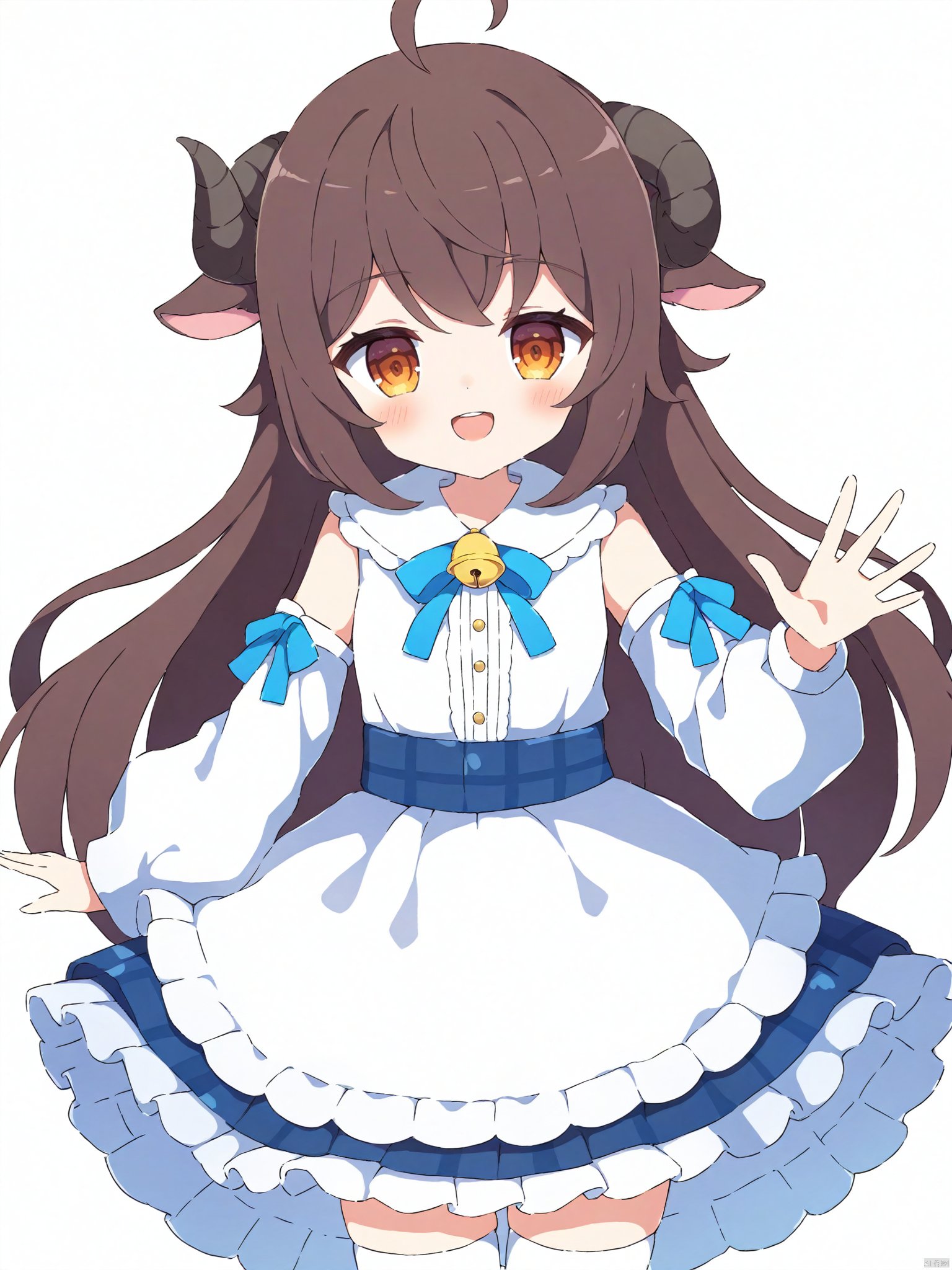 Best-A,tyakomes,1girl, \:d, ahoge, animal_ears, bell, black_ribbon, blue_ribbon, blue_skirt, blush, brown_hair, commentary_request, commission, cowboy_shot, detached_sleeves, dot_nose, dress, dutch_angle, hair_ribbon, hand_on_own_chest, head_tilt, hibiya_tsubasa, highres, horns, indie_virtual_youtuber, layered_skirt, legs_together, long_bangs, long_sleeves, looking_at_viewer, neck_bell, neck_ribbon, open_hand, open_mouth, orange_eyes, outstretched_arm, petticoat, pleated_skirt, reaching, reaching_towards_viewer, ribbon, sheep_ears, sheep_girl, sheep_horns, sidelocks, simple_background, skeb_commission, skirt, sleeveless, sleeveless_dress, smile, solo, teeth, thigh_gap, thighhighs, tyakomes, upper_teeth_only, virtual_youtuber, white_background, white_dress, white_skirt, white_sleeves, white_thighhighs