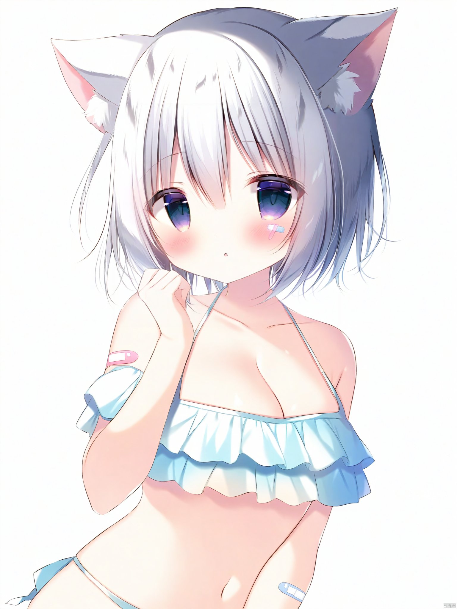 Best-A,shiratama \(shiratamaco\),cat_girl,1girl, absurdres, animal_ears, bandaid, bandaid_on_arm, bandaid_on_cheek, bandaid_on_face, bikini, breasts, cat_ears, cat_girl, highres, navel, original, parted_lips, short_hair, sirotuki_ito, solo, stomach, swimsuit, white_background, white_hair