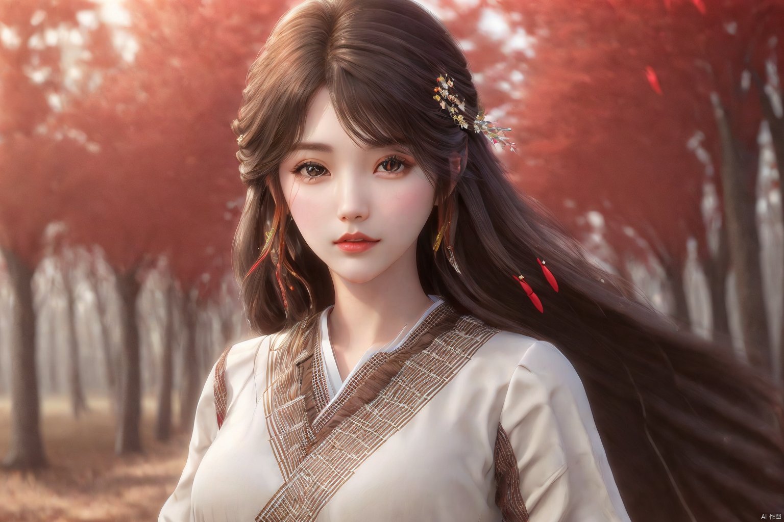 1girl, solo, long hair, looking at viewer, brown hair, hair ornament, brown eyes, upper body, wide sleeves, tree, lips