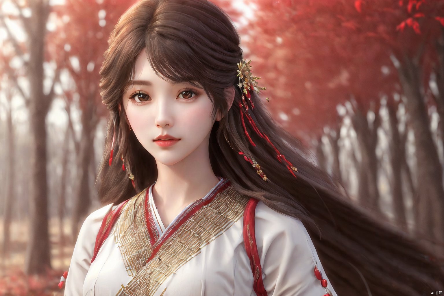  1girl, solo, long hair, looking at viewer, brown hair, hair ornament, brown eyes, upper body, wide sleeves, tree, lips