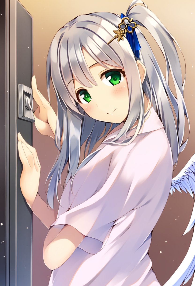 rating:safe, 1girl, long_hair, solo, green_eyes, one_side_up, smile, hair_ornament, silver_hair, blush, looking_at_viewer, wings