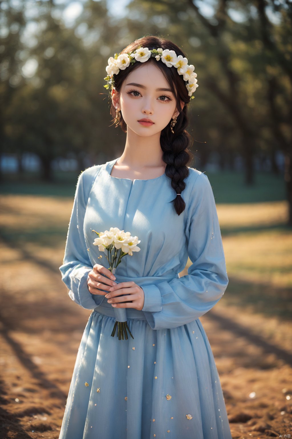 lj, 1girl, solo, black hair, braid, flower, smile, holding, outdoors, tree, blurry, blurry background, skirt, long sleeves, long hair, photo background, looking at viewer, head wreath, holding flower, nature, standing, dress, hair ornament, day, blue shirt, hair flower
Masterpiece, best quality, 8k resolution, absurd, extremely detailed, highly detailed,
Ray tracing, telephoto lenses, movie angles