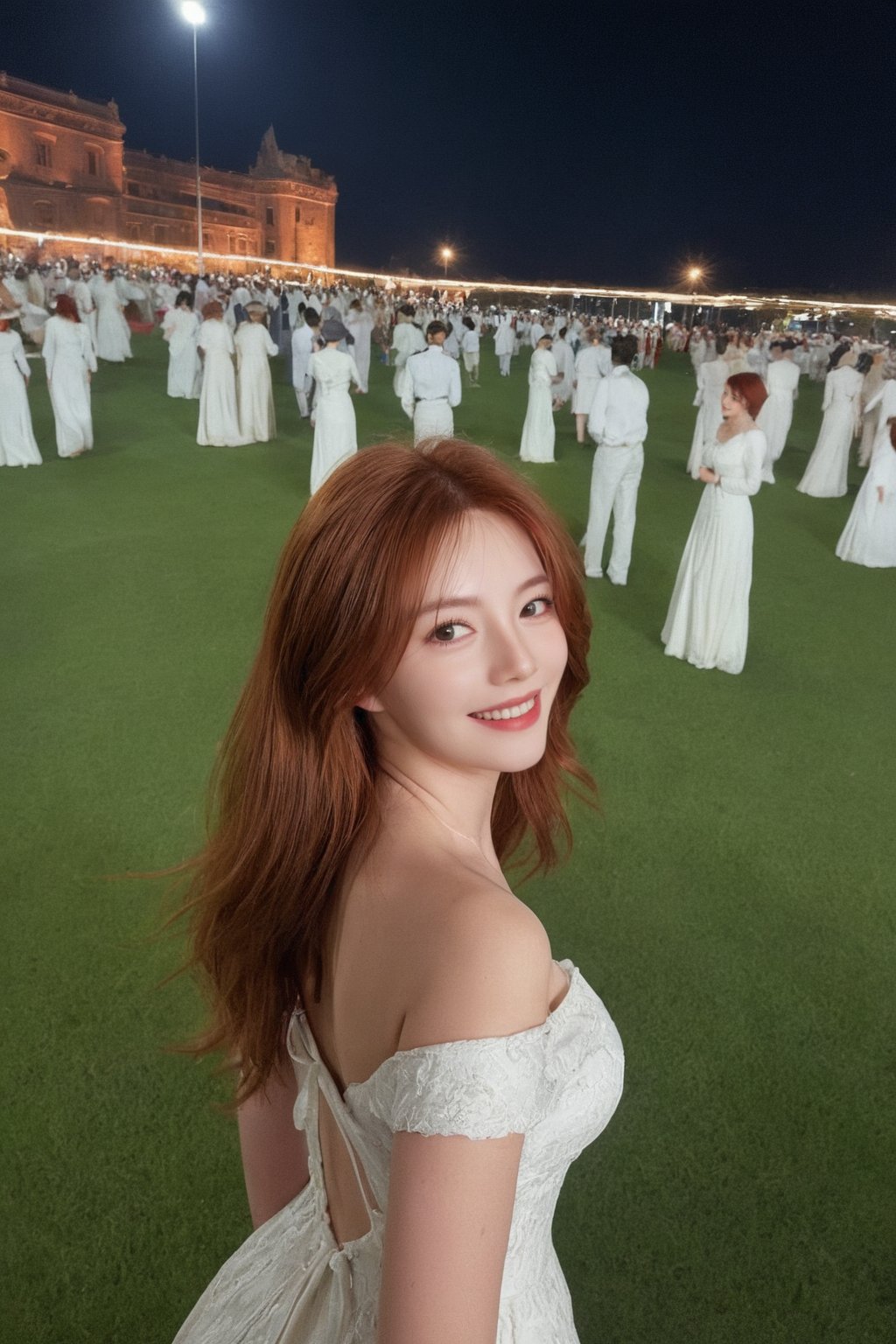  ultra wide field, ultra dynamic lighting amazing shadows, Deep photo,depth of field,shadows,
hubggirl, messy hair,smile:0.8,grainy,dimly lit,red hair,white backless_dress,