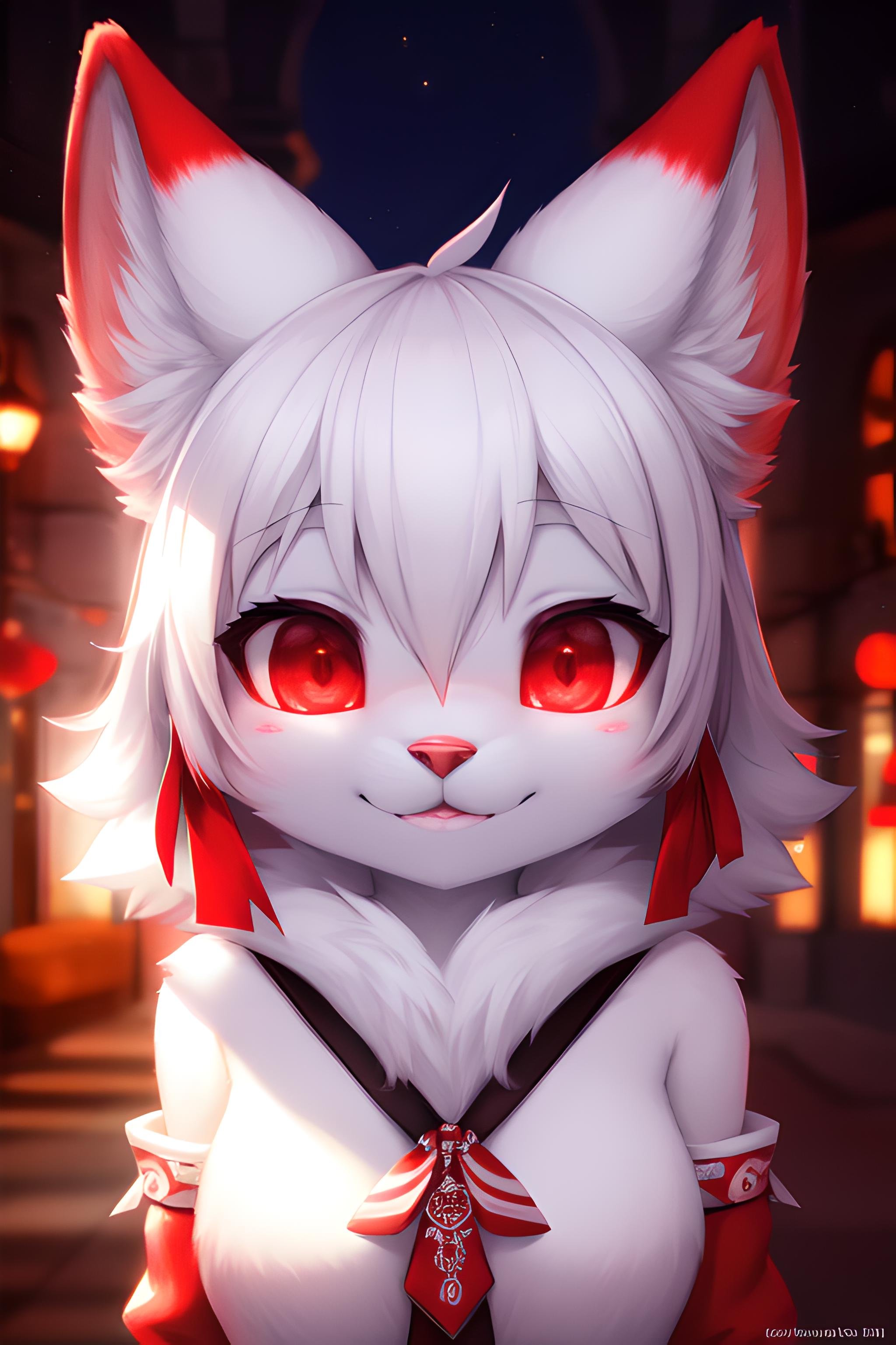 furry, white fur, ultra cute face, red elements on fur, beautiful lights and shadows, ambient light, ultra detailed fur, volumetric light