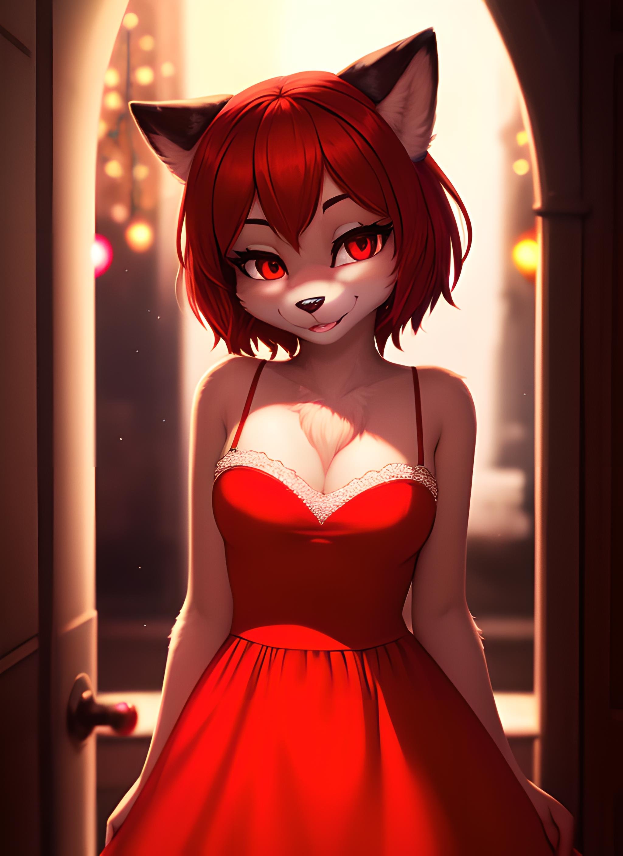 (furry:1.4), focus on face, small breasts, beautiful red dress, beautiful lights and shadows