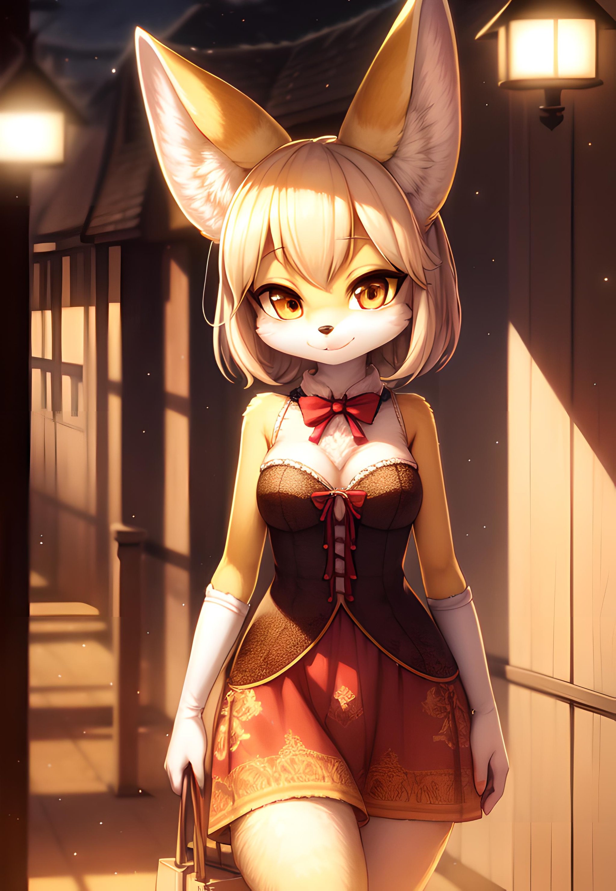 furry fennec, focus on face,  looking on viewer, standing, beautiful lights and shadows